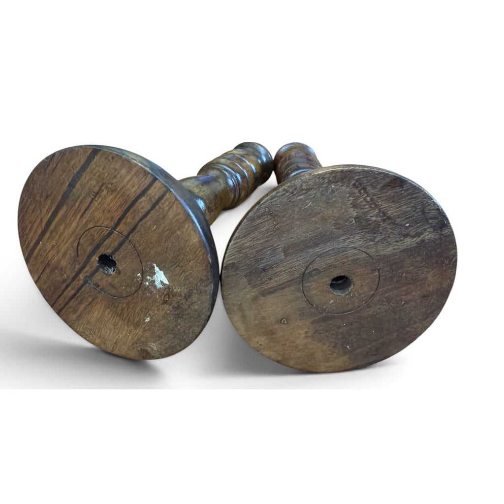 Vintage Turned Wood Candlesticks Pair Primitive Early American 7 Inch – additional view 6