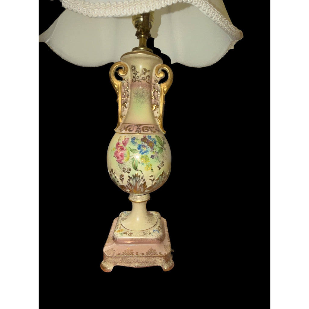 Vintage Beckwith China Porcelain Floral Urn Table Lamp Pink Gold 25 Inch