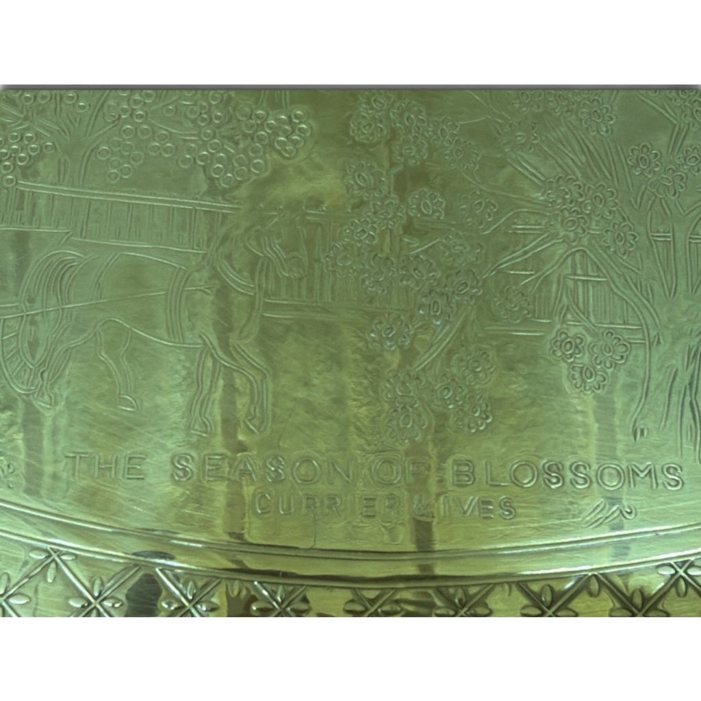 Vintage Currier & Ives Gold Tone Oval Tray The Season of Blossoms 16 Inch