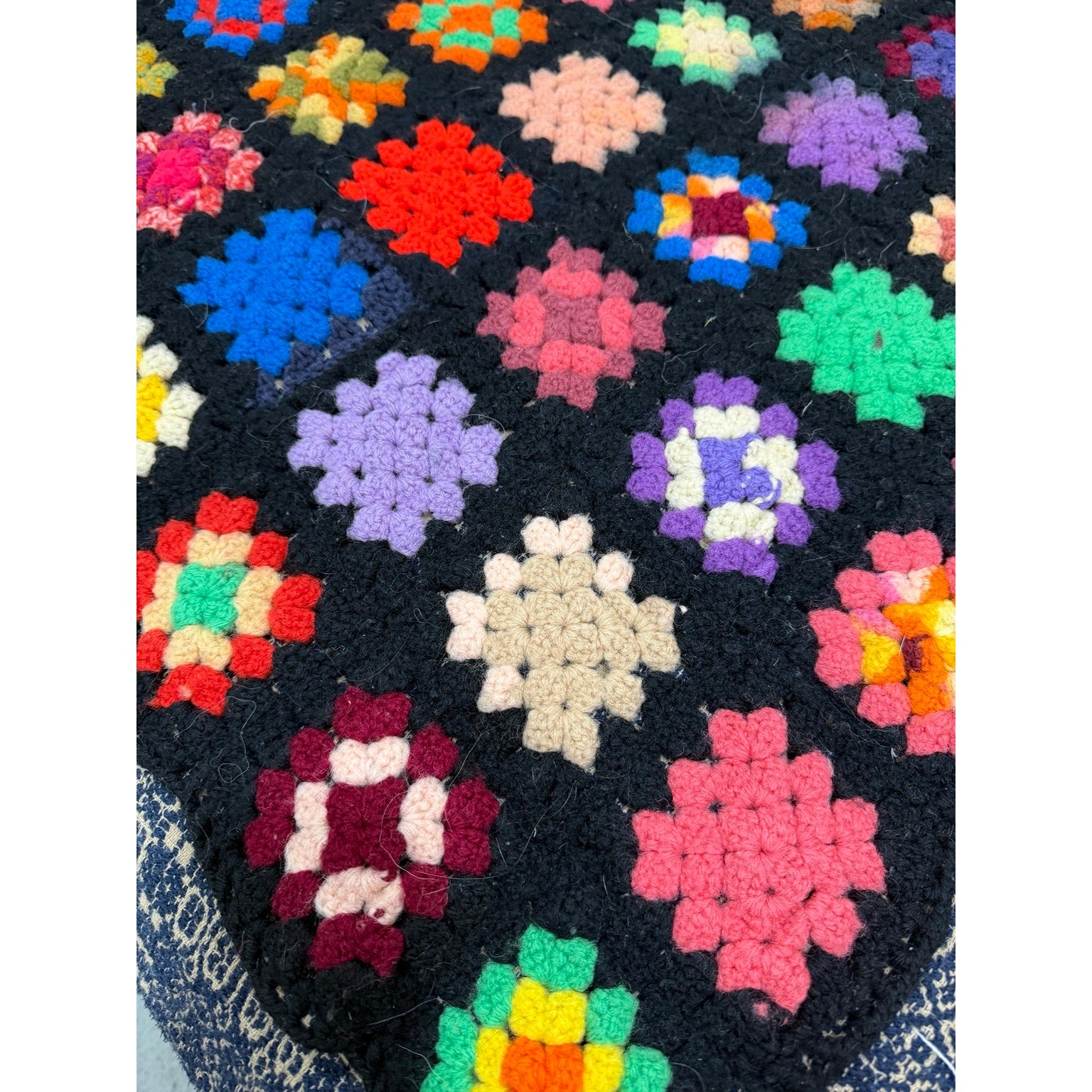 Vintage Handmade Granny Square Afghan Throw Black Crochet Blanket 78 x 52
