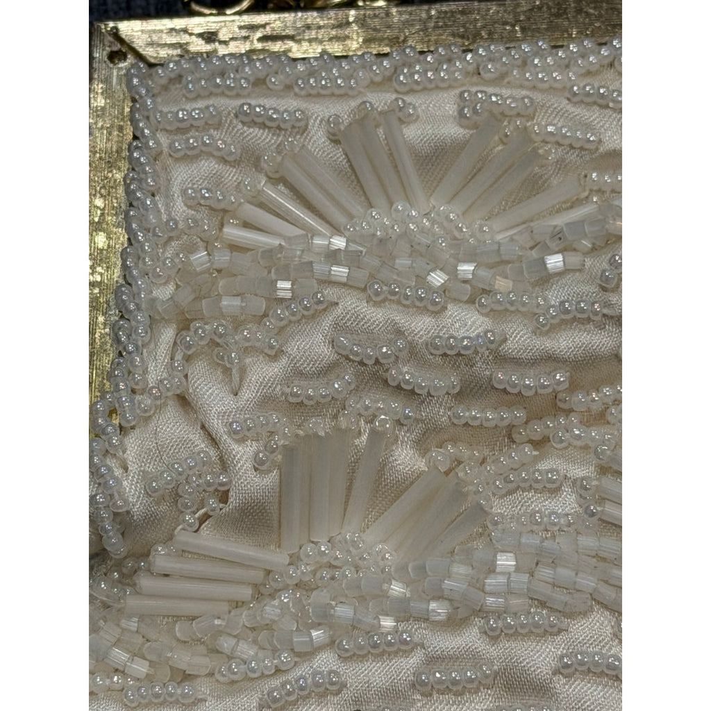 Vintage Beaded Evening Purse & Faux Pearl Necklace Set, Ivory Bridal Handbag