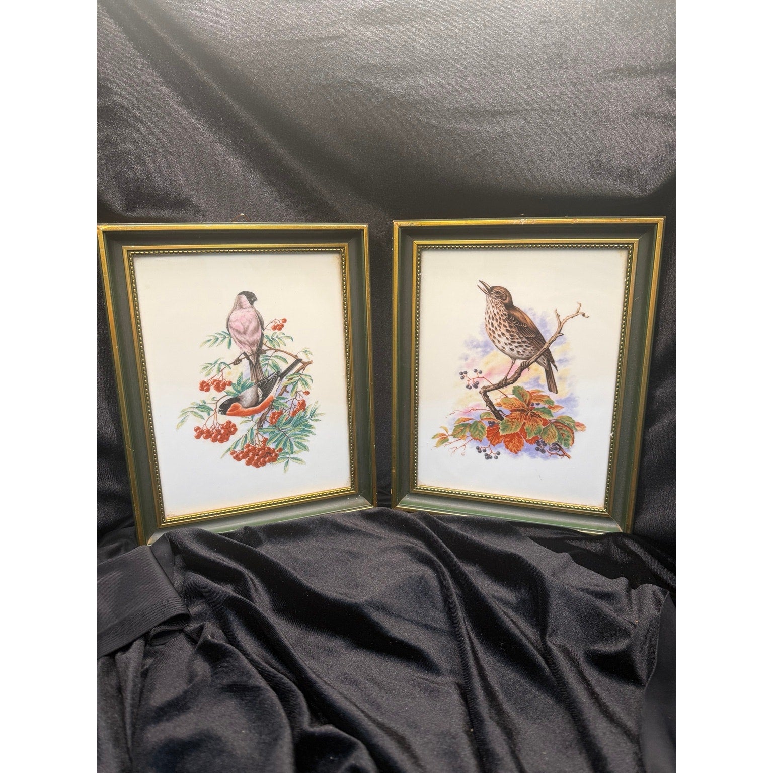 Vintage Heinrich Germany Framed Porcelain Bird Tile Wall Art Pair
