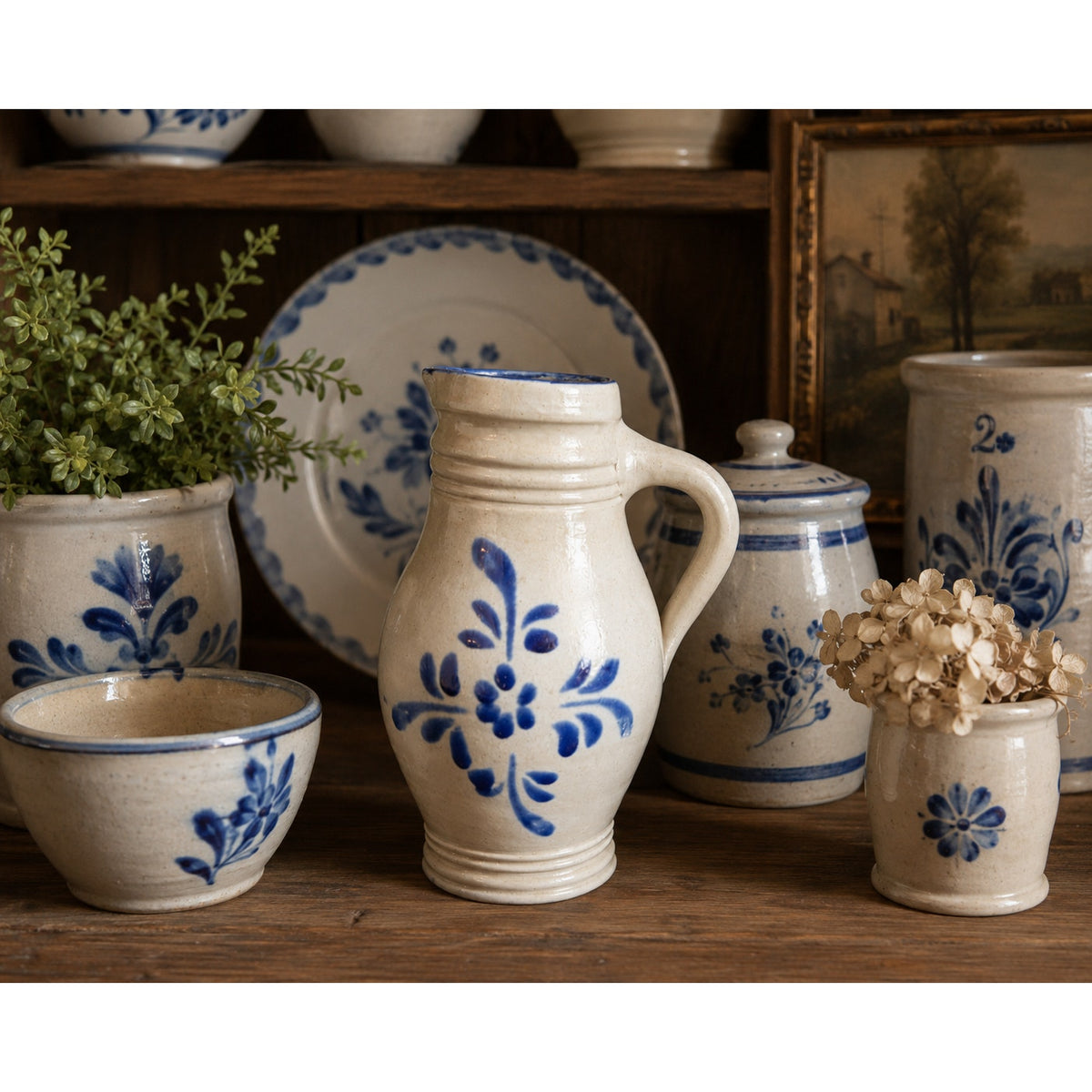 Vintage East Tennessee Pottery Pitcher Hand Thrown Cobalt Floral Stoneware – main view