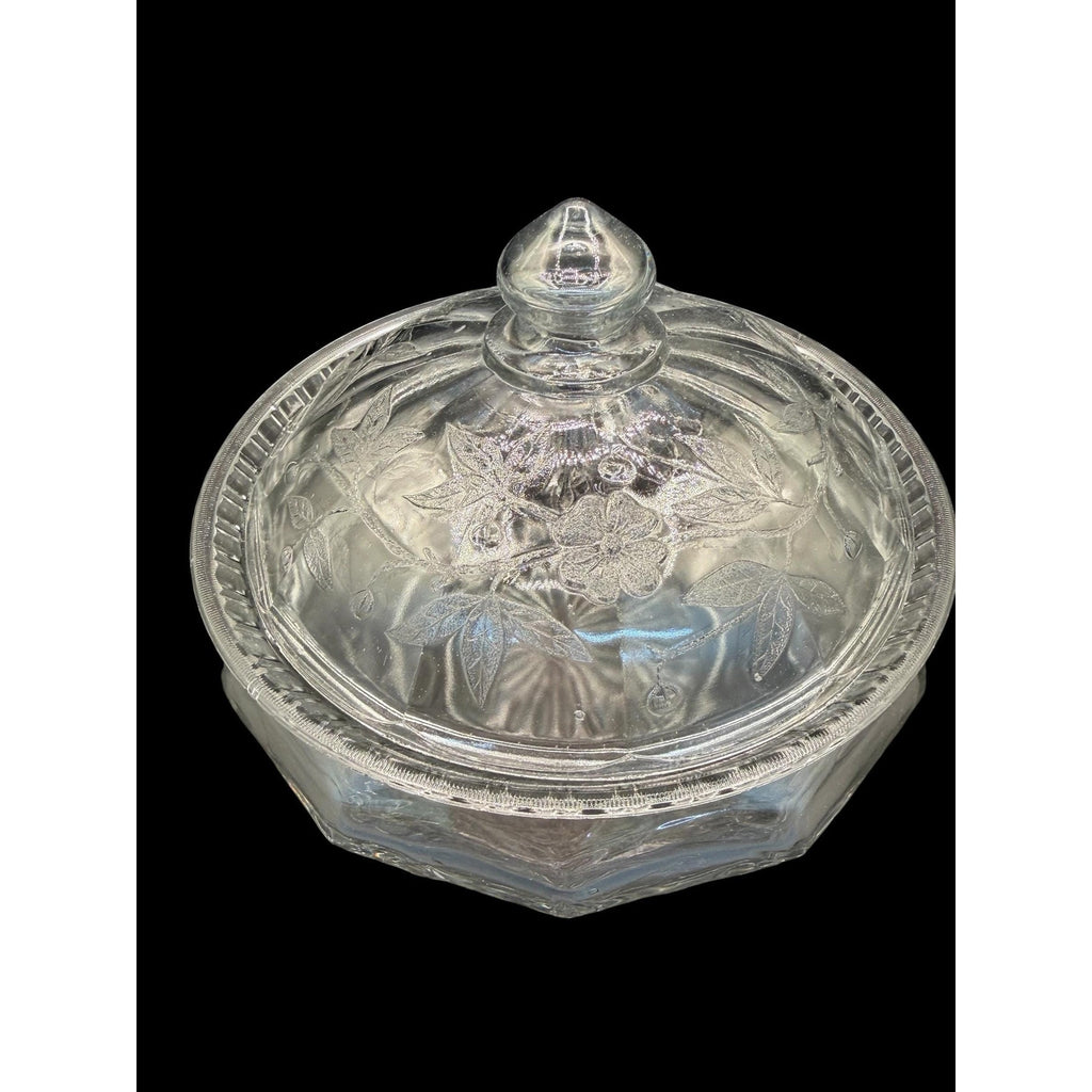 Vintage Pressed Glass Covered Candy Dish Cherry Pattern Lid Bowl 8”