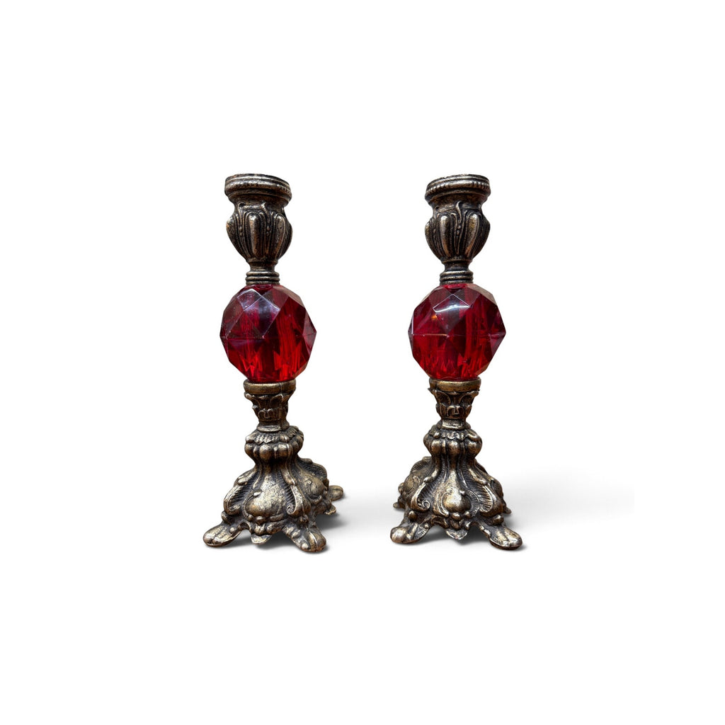 Vintage Red Lucite Candlestick Holders Pair Ornate Gold Tone Metal 8"