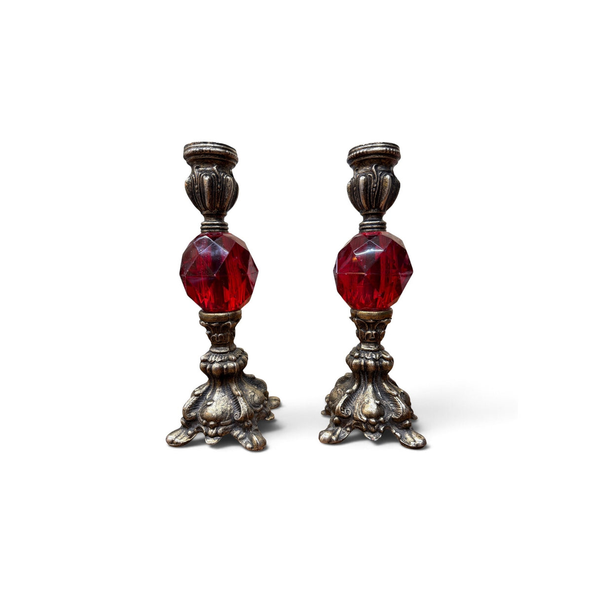Vintage Red Lucite Candlestick Holders Pair Ornate Gold Tone Metal 8"