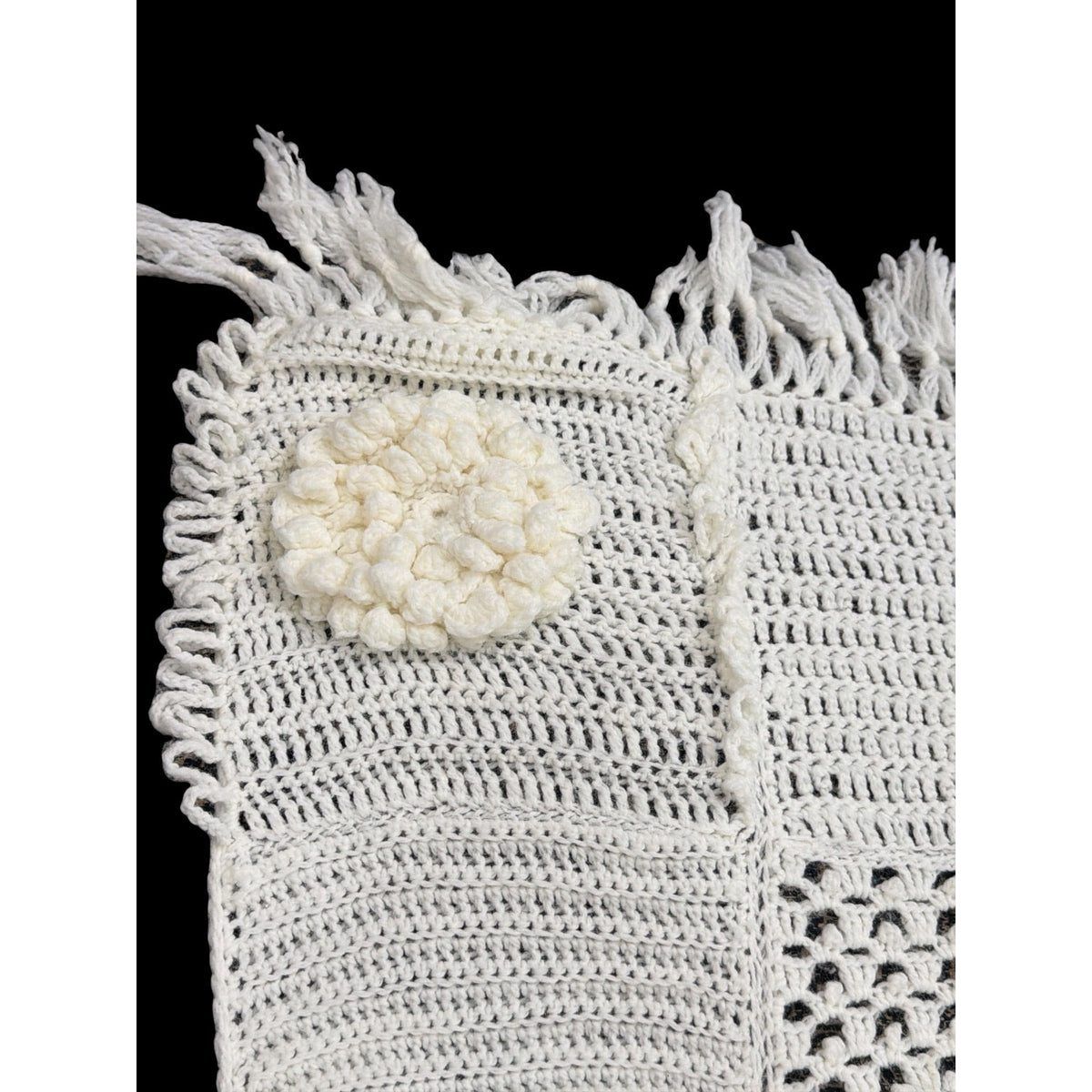 Handmade Crochet Sampler Afghan Winter White Textured Fringe 45 x 64 – additional view 6