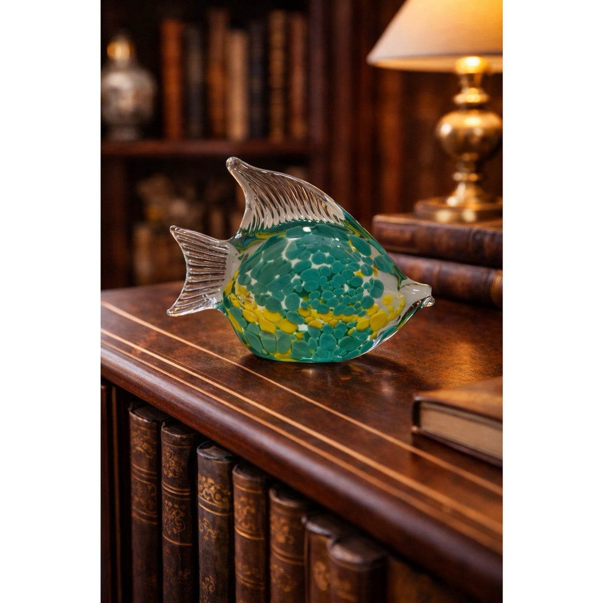 Art Glass Fish Paperweight Blue Green Swirl Clear Fins Coastal Decor 5”