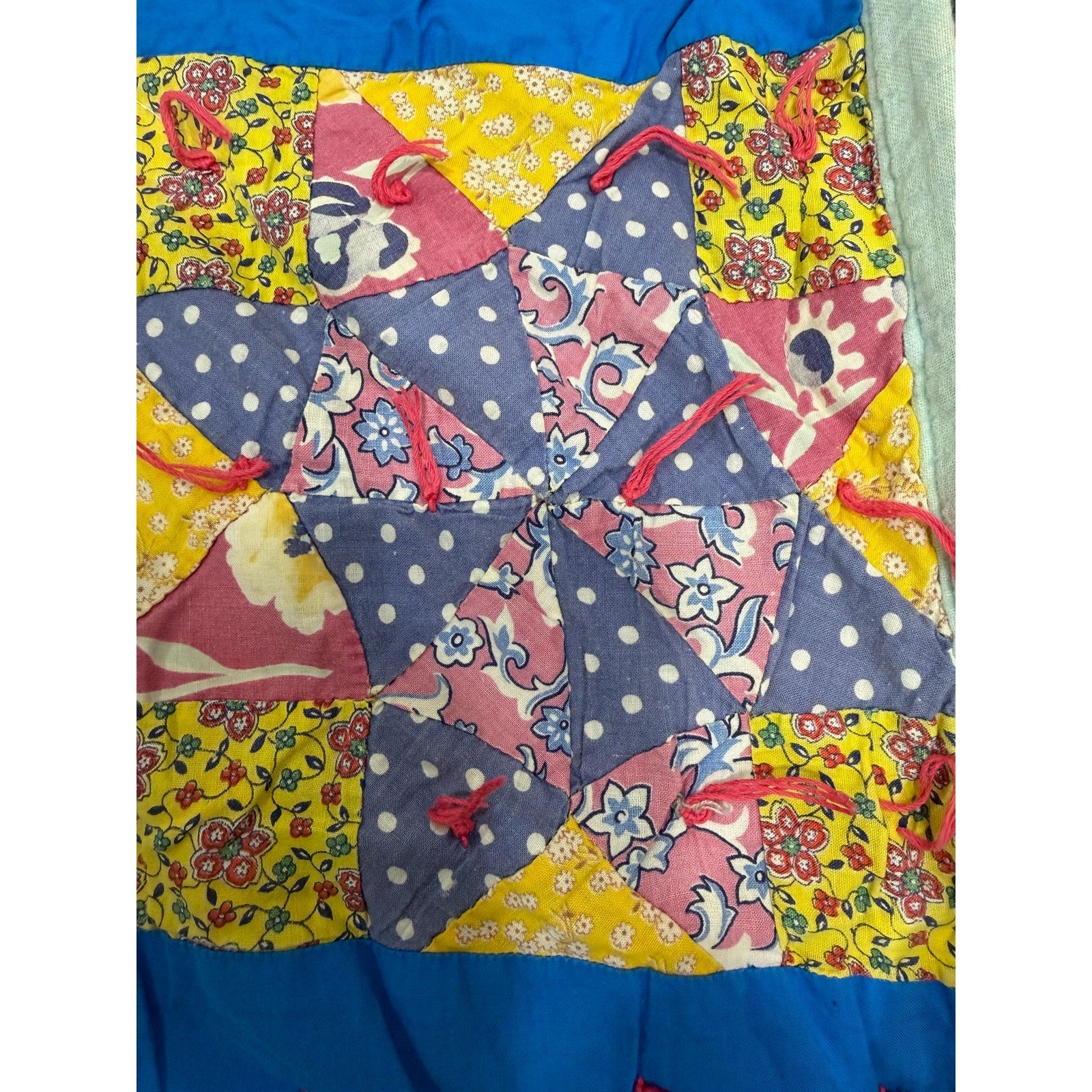 Vintage Hand Pieced Quilt Handmade Tied Quilt Depression Era Feed Sack Fabric
