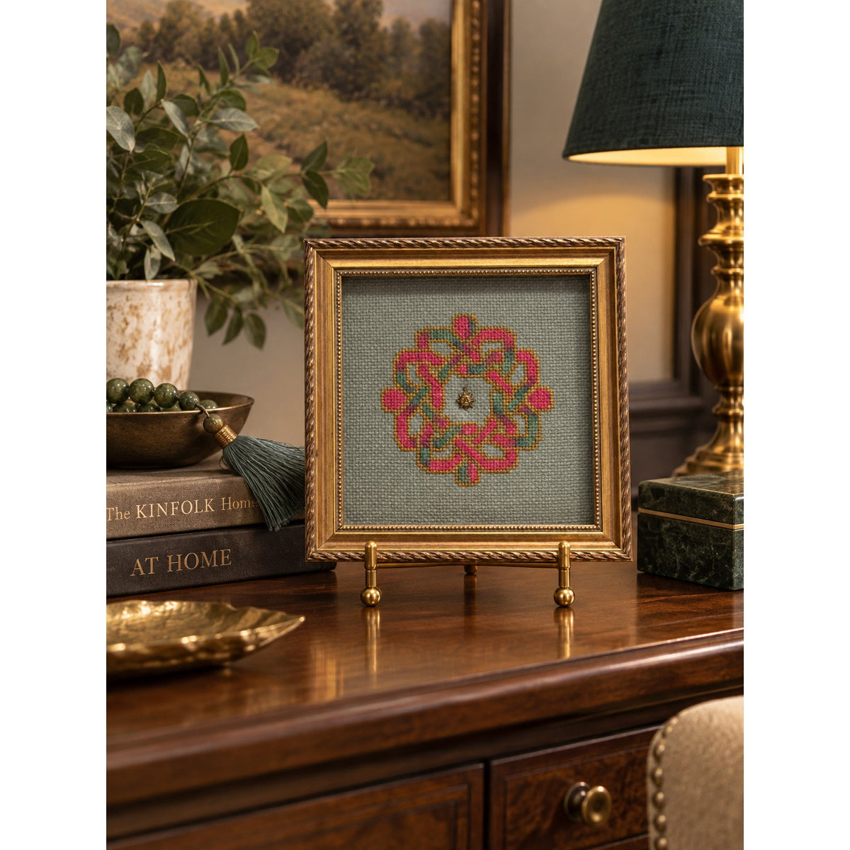 Handmade Framed Cross Stitch Art Geometric Knotwork Brass Sun Charm 7.25" – main view
