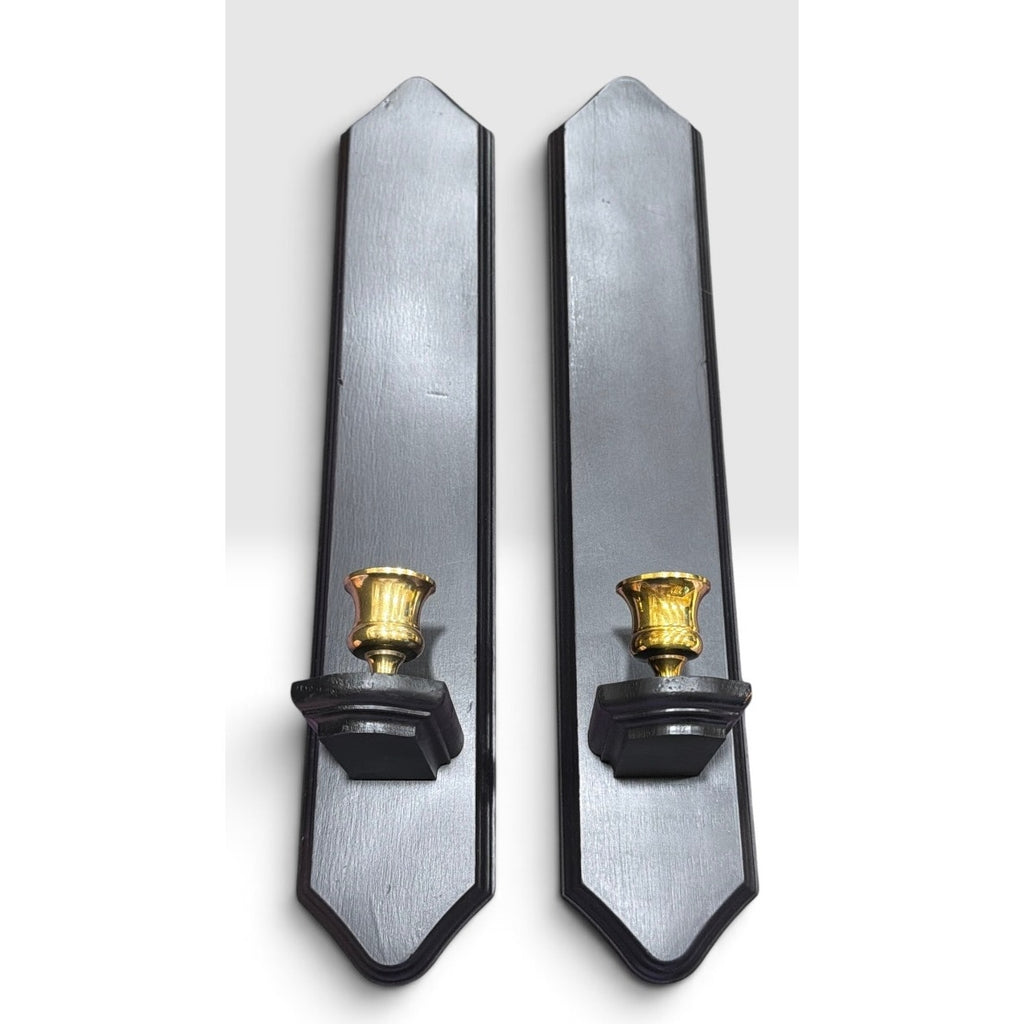 Vintage Black Wood Wall Sconces Solid Brass Candle Holders Pair W Candles – additional view 2