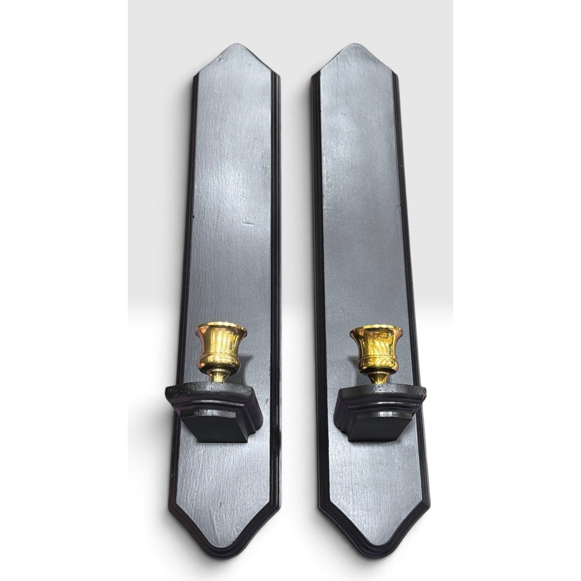 Vintage Black Wood Wall Sconces Solid Brass Candle Holders Pair W Candles – additional view 2
