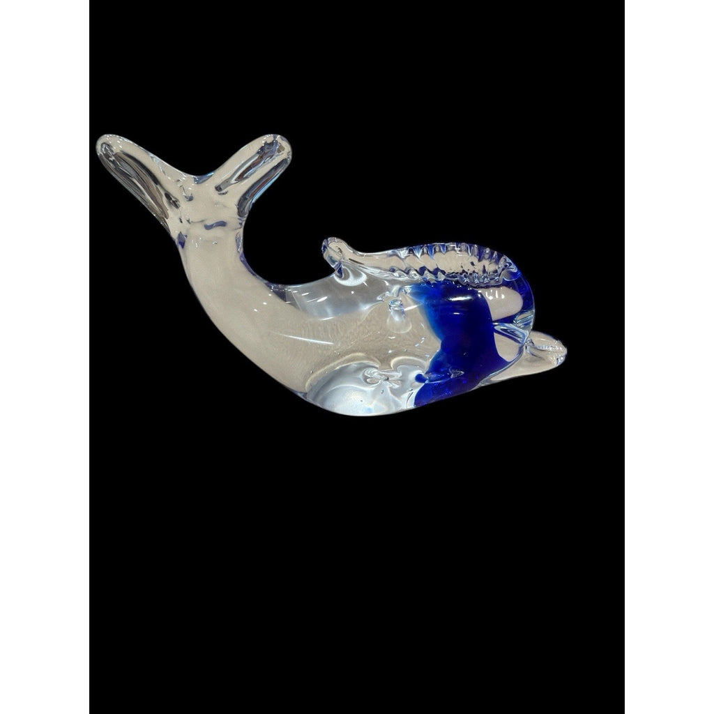 Vintage Clear & Cobalt Glass Dolphin Paperweight Art Glass 5” Japan Style