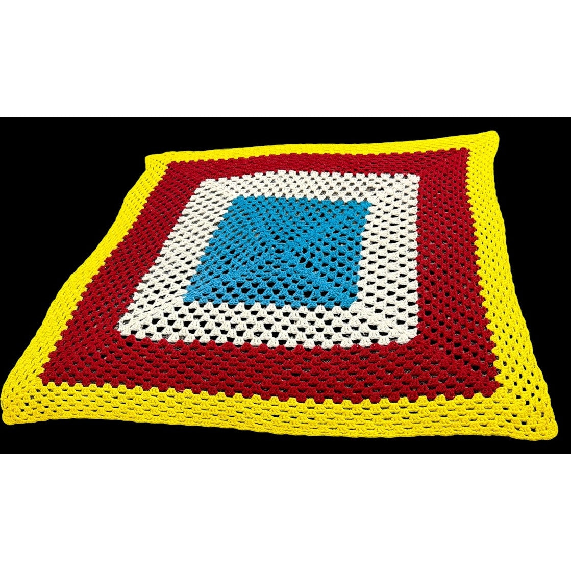 Vintage Color Block Granny Square Crochet Afghan 45" Retro Handmade Throw – additional view 2