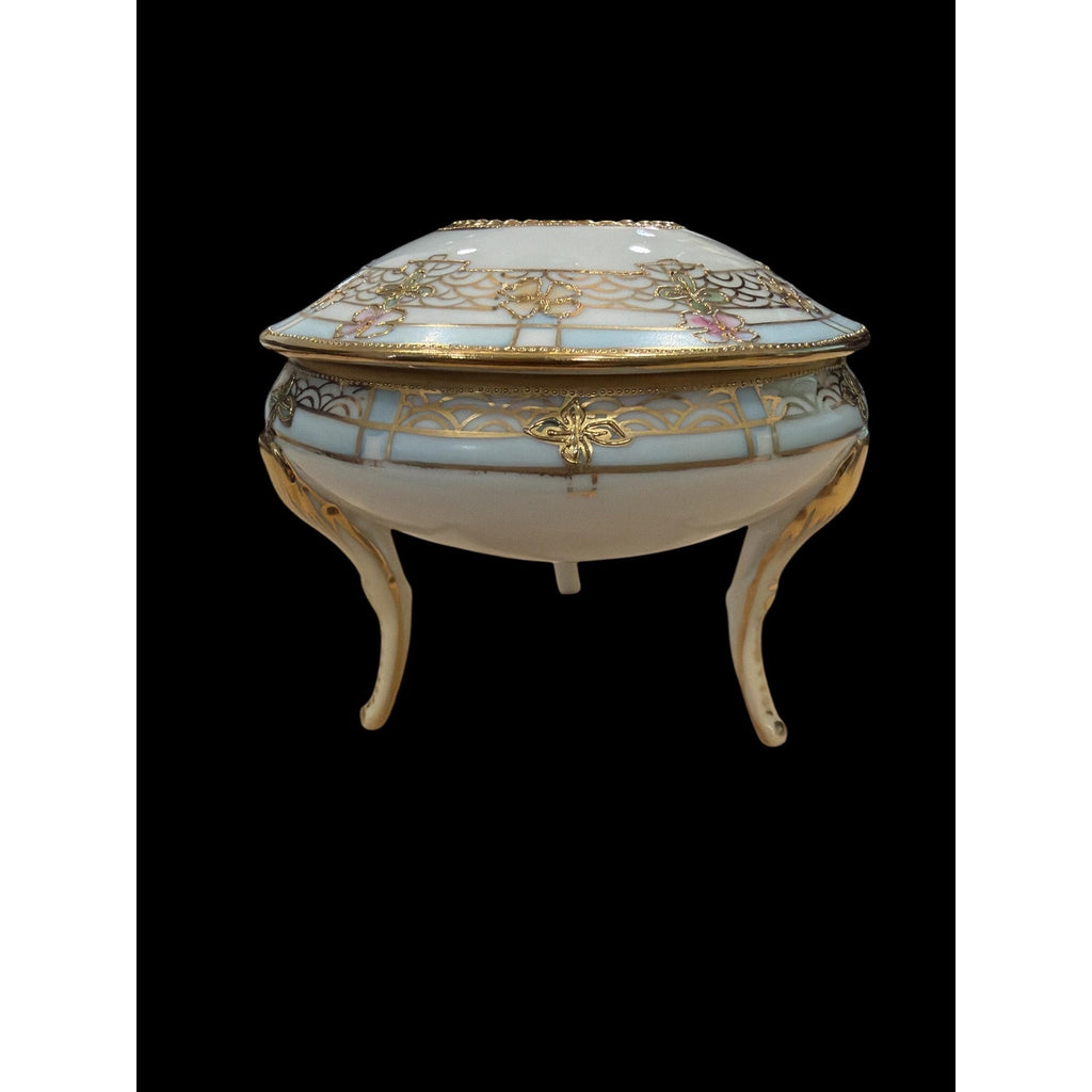 Antique Hand Painted Nippon Porcelain Vanity Jar: Gold Floral Trinket Box