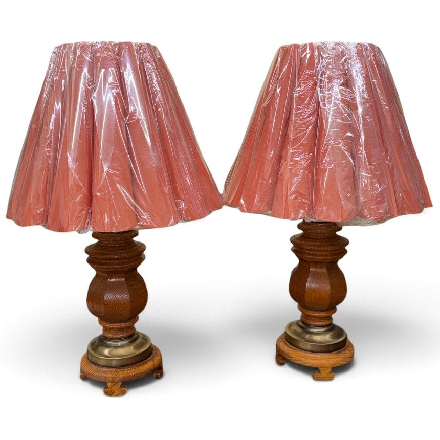 Vintage Oak Table Lamps Pair Brass Accents Pleated Shades 1980s 30 Inch
