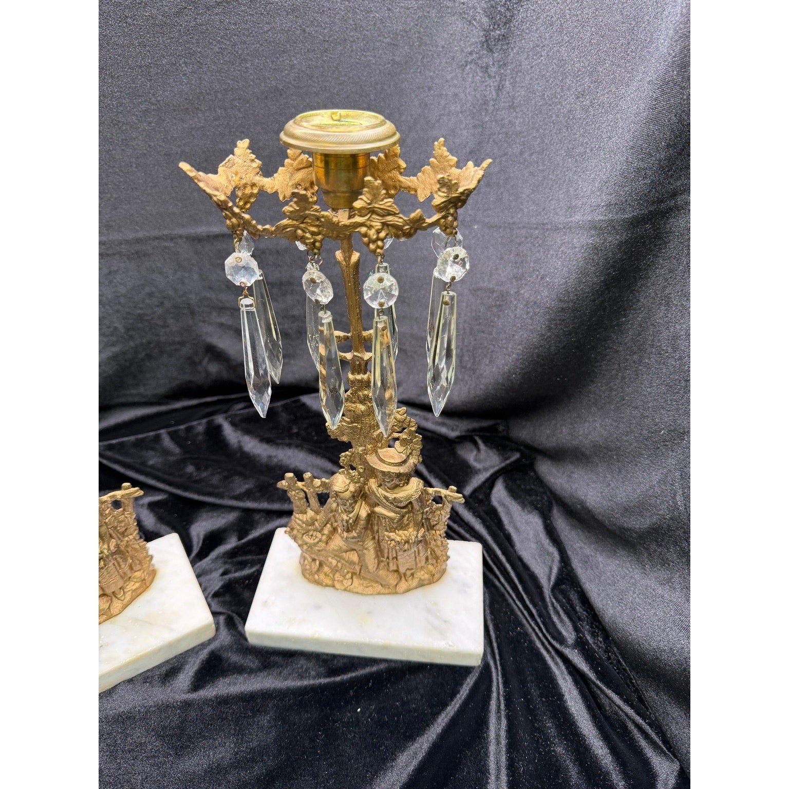 Antique Victorian Figural Girandole Candlesticks Pair Marble Crystal Prisms