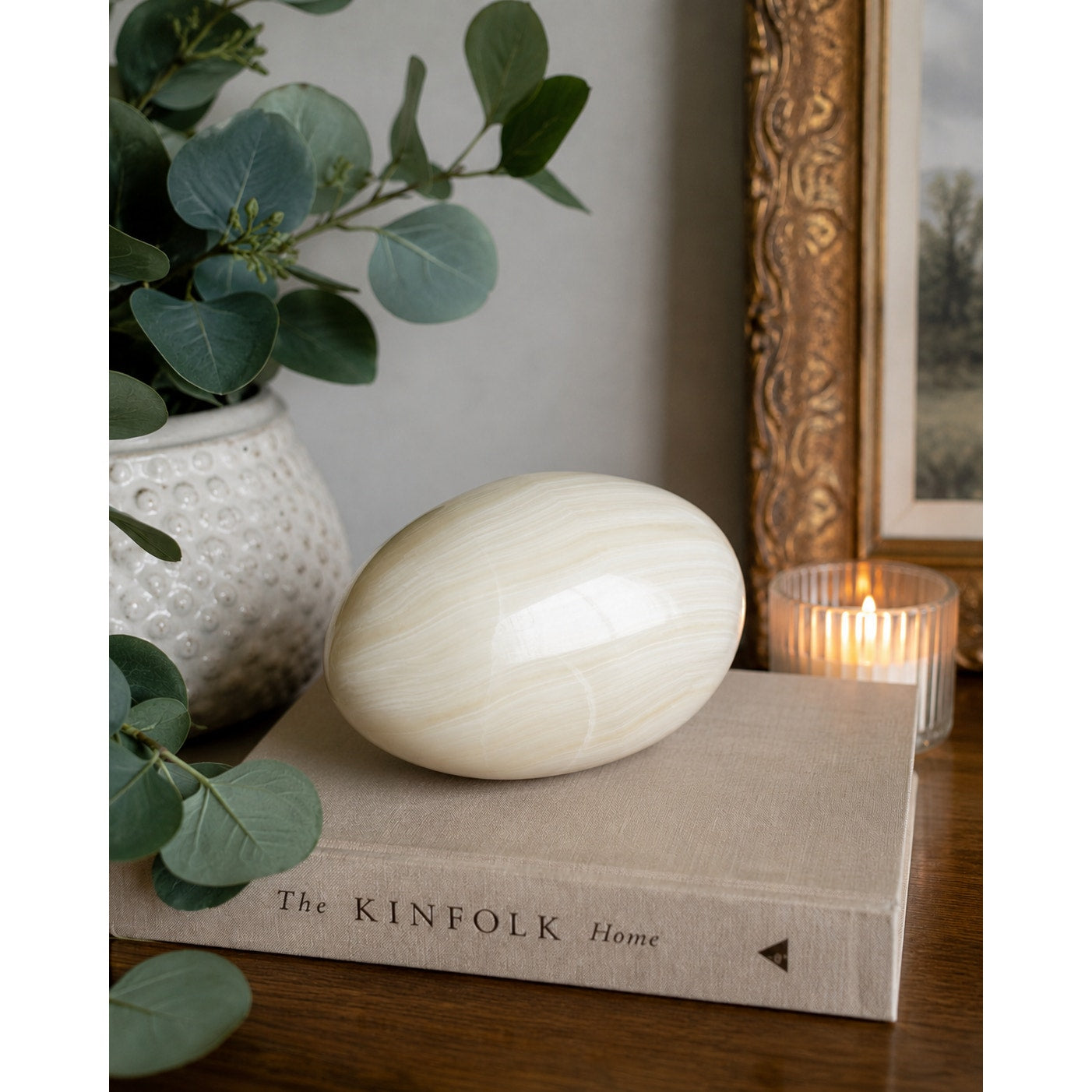 Vintage Large White Banded Onyx Egg Polished Stone Sculpture Natural Calcite 5.5
