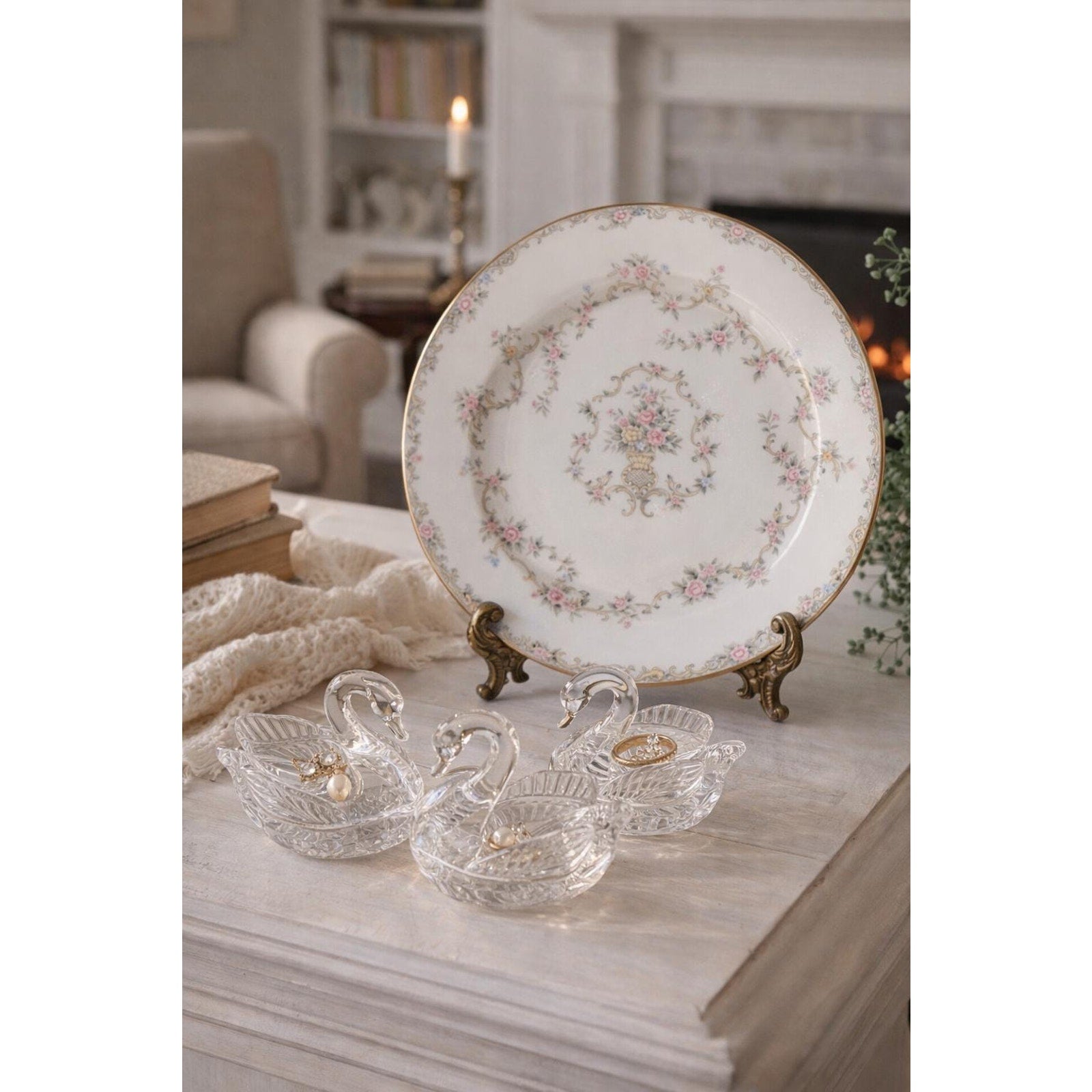 Vintage Swan Crystal Dish Set Noritake Plate Romantic Vanity Decor