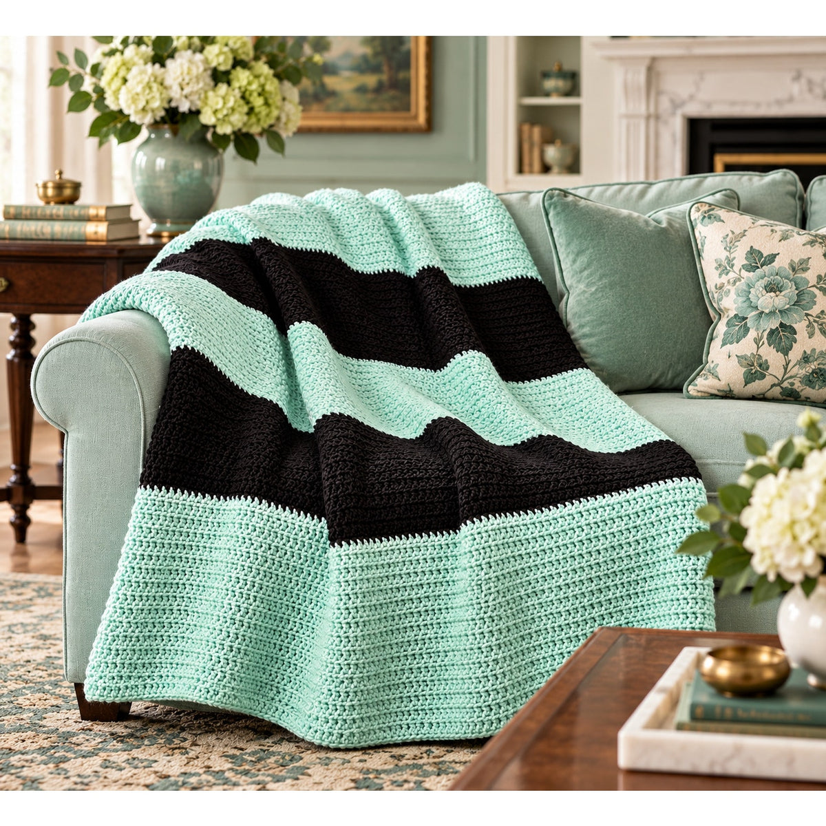 Handmade Crochet Afghan Blanket Aqua Black Striped Heavyweight Throw 52x68