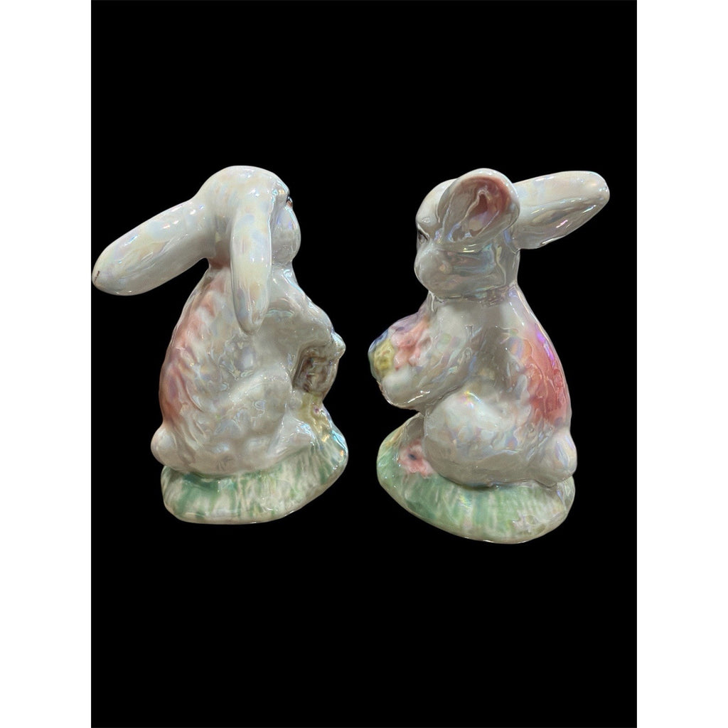 Vintage Lusterware Bunny Figurines Pair Ceramic Easter Rabbits with Flowers