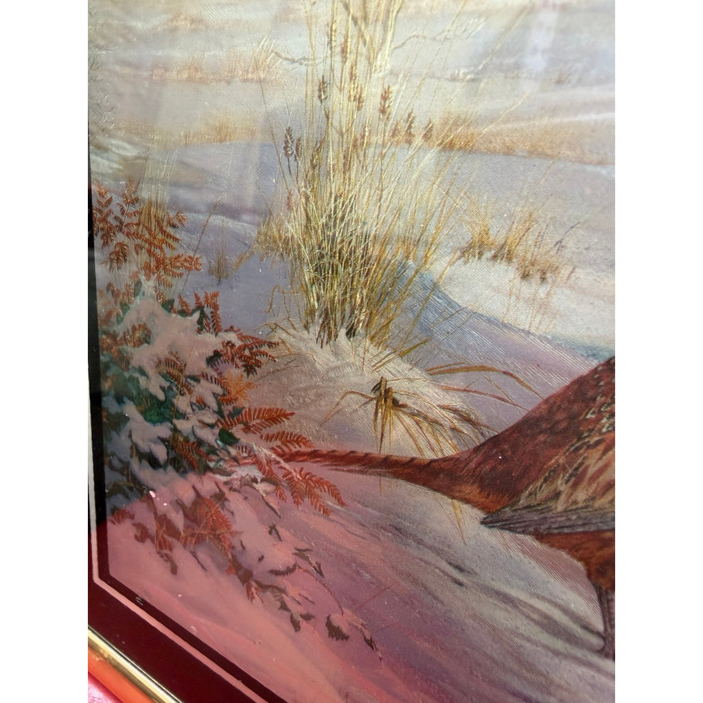 Vintage Foil Art Pheasant Picture Iridescent Winter Scene Gold Frame 8x10