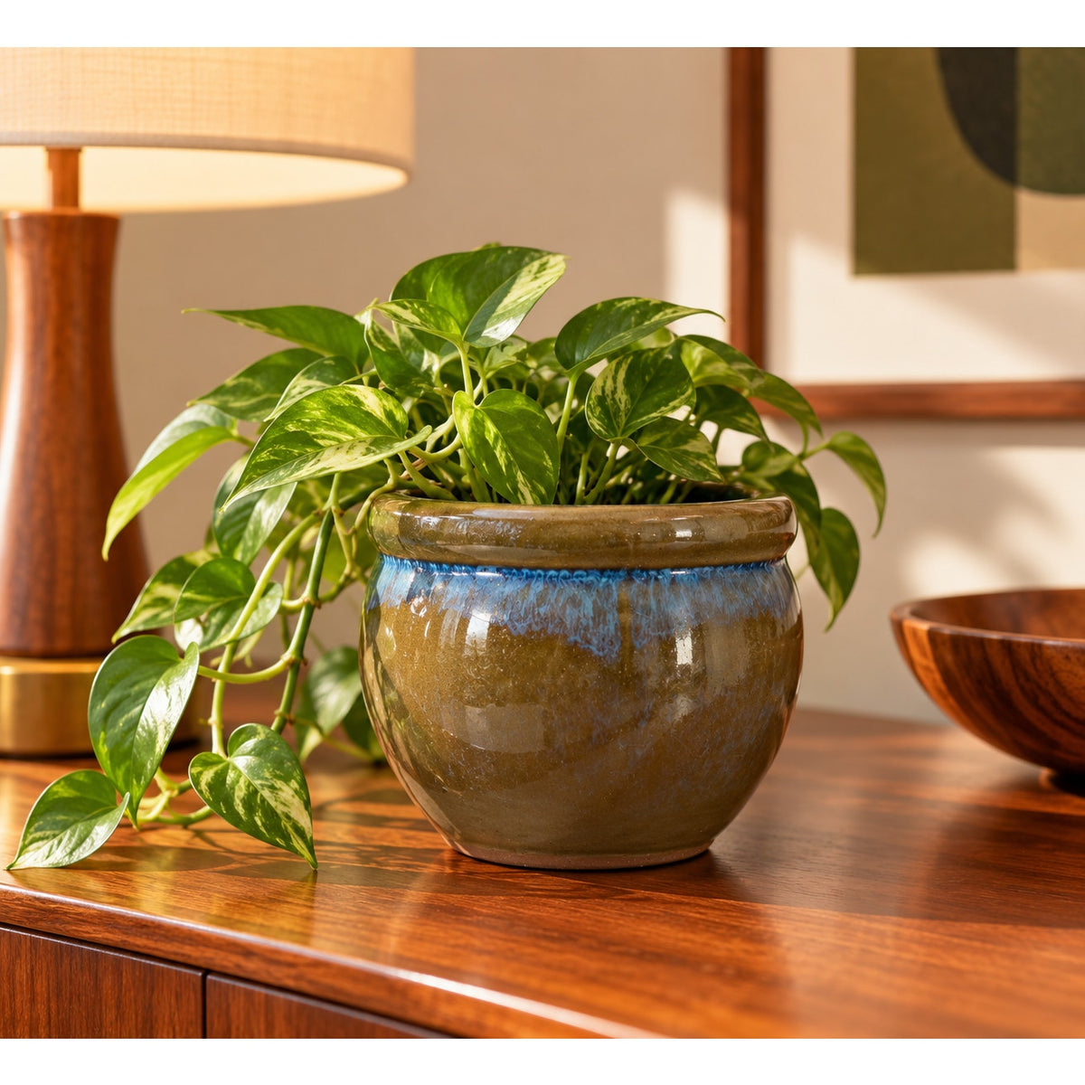 Vintage Studio Pottery Planter Brown Blue Drip Glaze MCM 5"