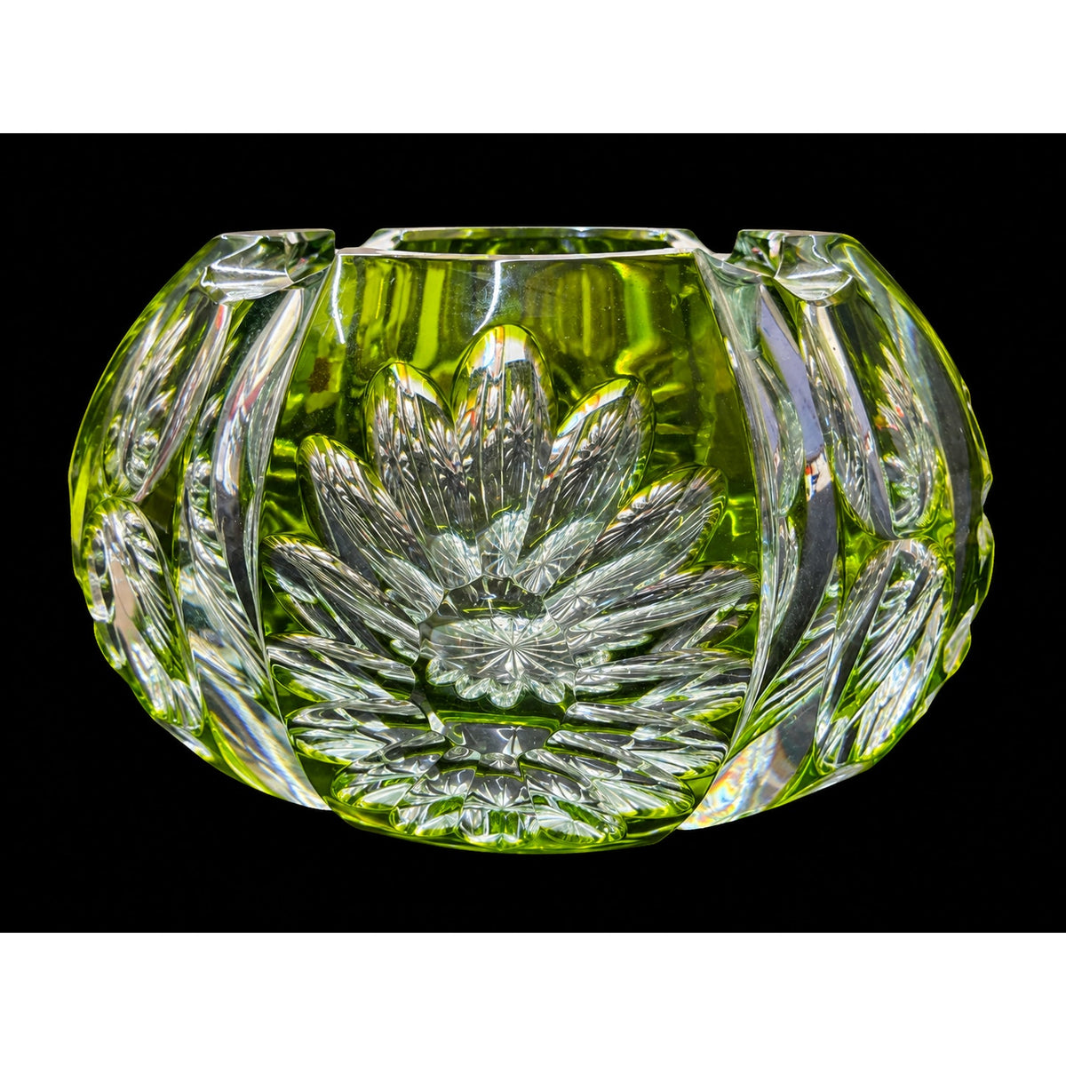 Vintage Peridot Green Cut Crystal Rose Bowl Cut to Clear Floral 4 Inch