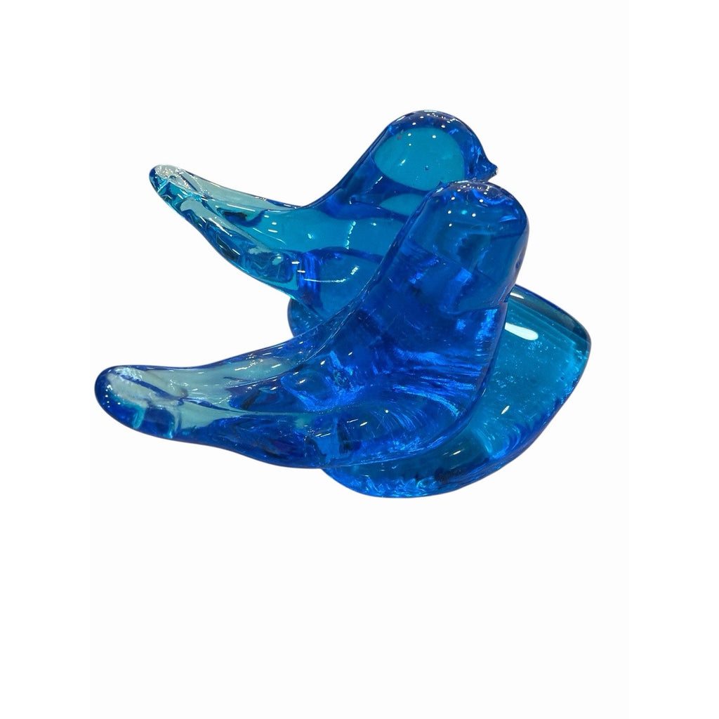 Leo Ward Signed '91 Glass Double Blue Birds Figure Happiness Heart Paperweight