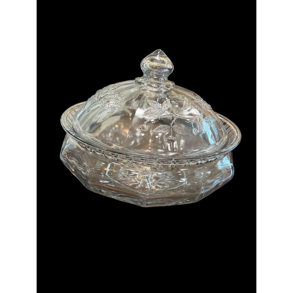 Vintage Pressed Glass Covered Candy Dish Cherry Pattern Lid Bowl 8”