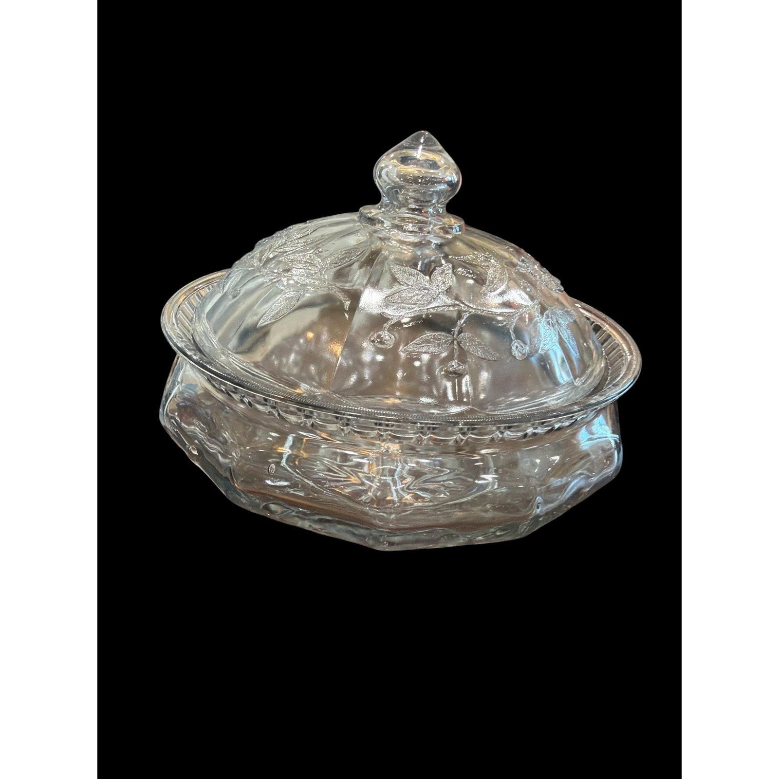 Vintage Pressed Glass Covered Candy Dish Cherry Pattern Lid Bowl 8”