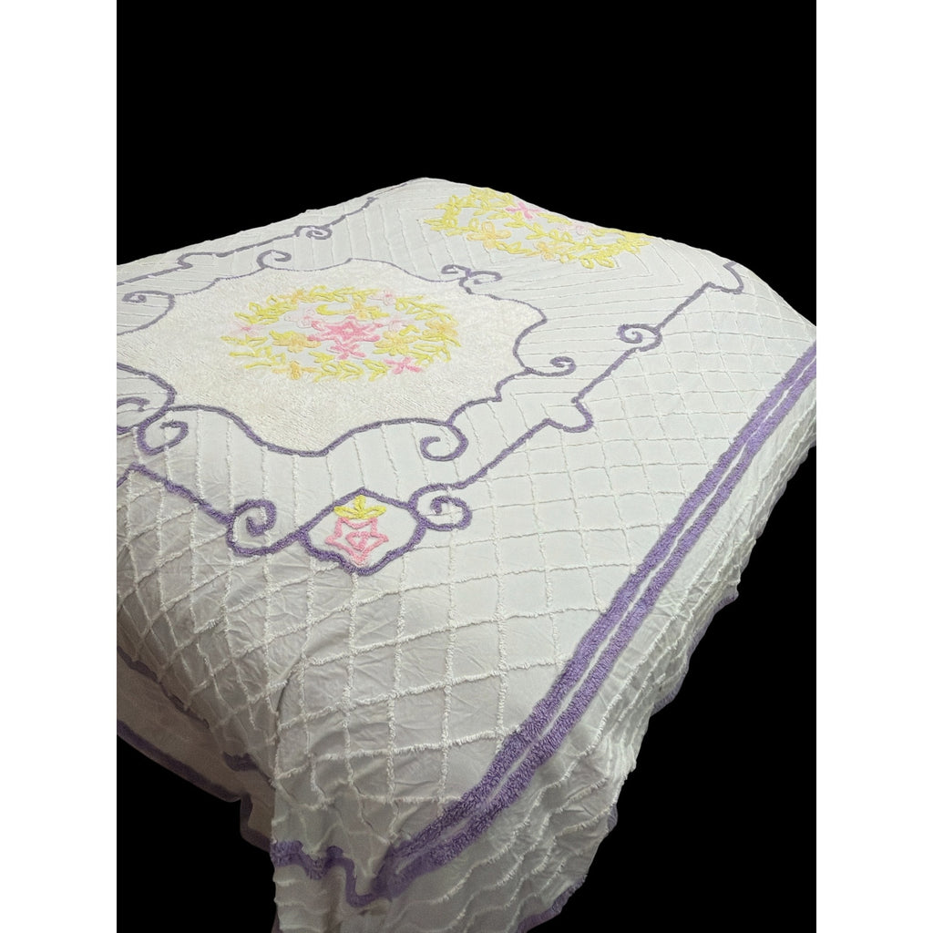 Vintage Chenille Bedspread King 108 x 122 Floral Lavender Pink Yellow – additional view 4