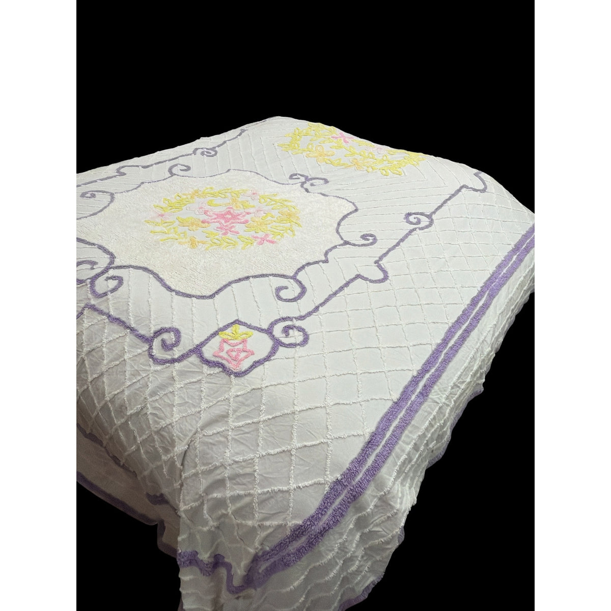 Vintage Chenille Bedspread King 108 x 122 Floral Lavender Pink Yellow – additional view 4