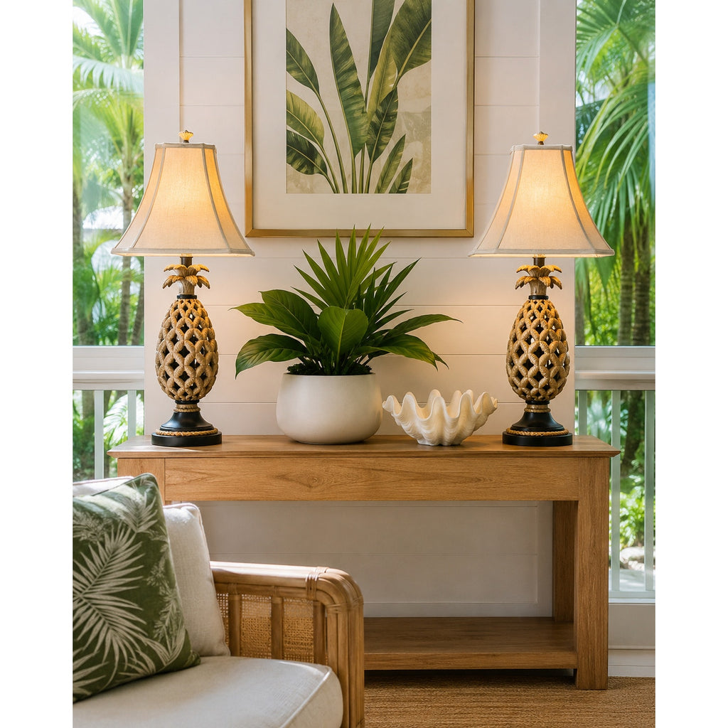 Vintage Pineapple Table Lamp Pair Coastal Tropical Resin Lamps with Shades