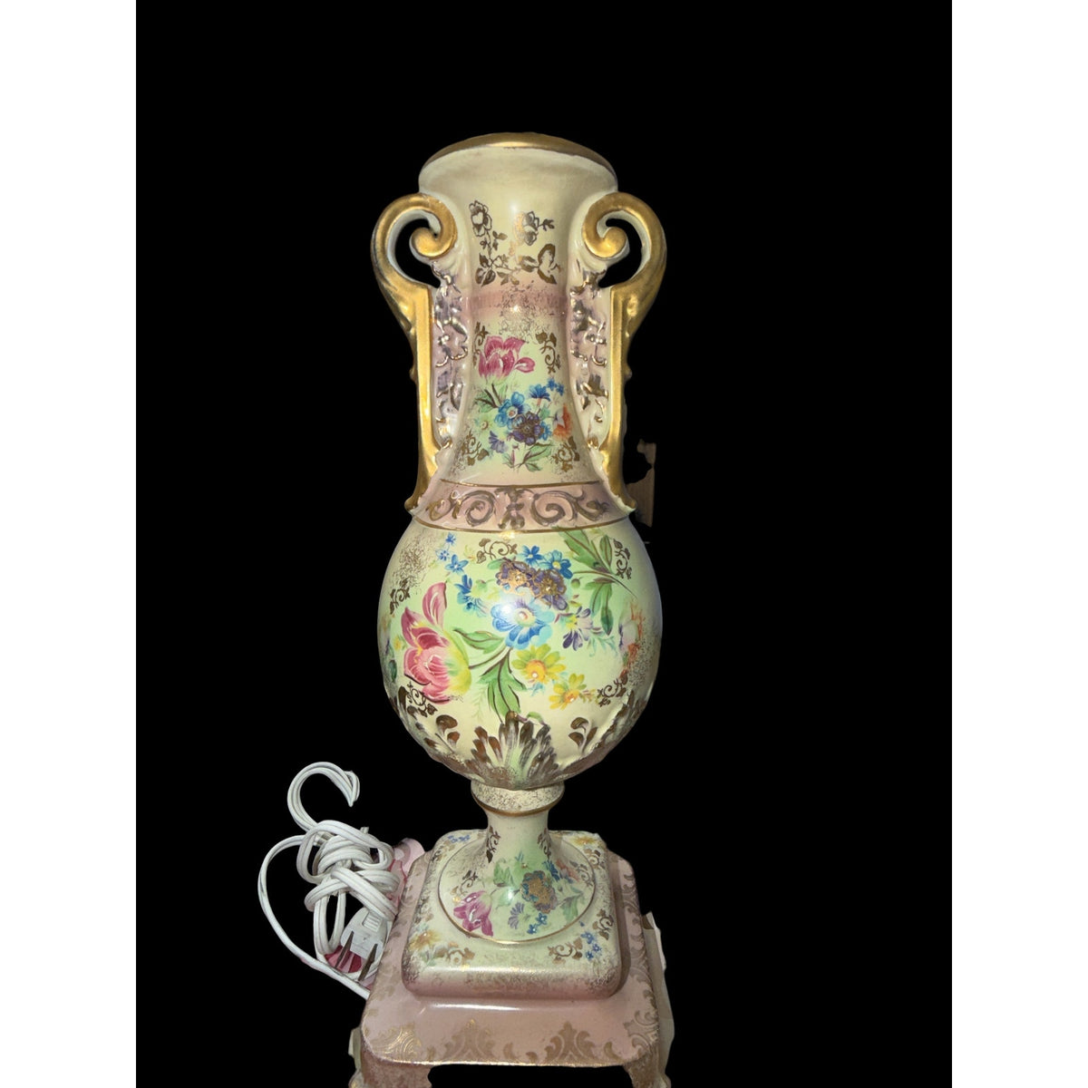 Vintage Beckwith China Porcelain Floral Urn Table Lamp Pink Gold 25 Inch