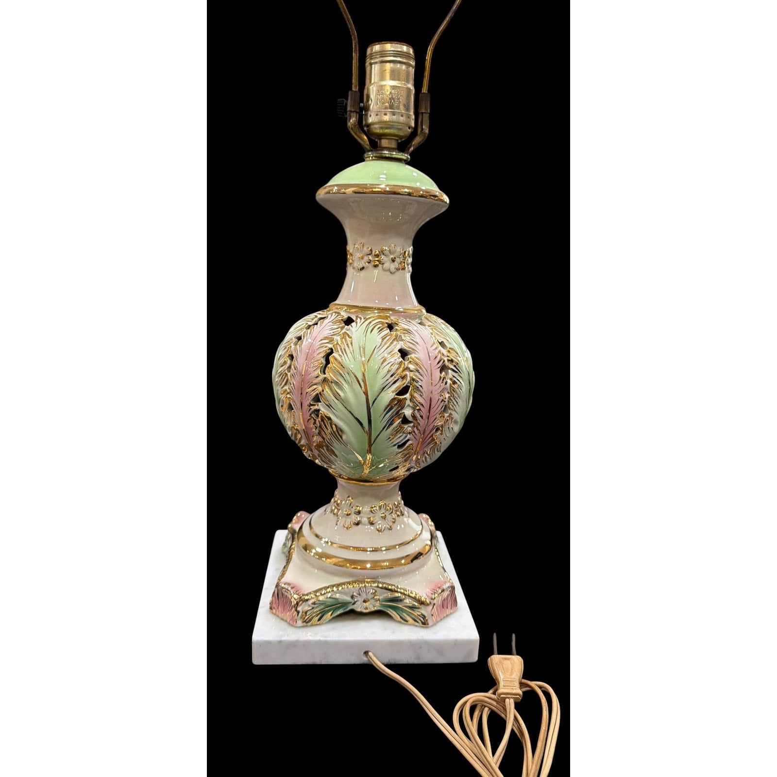 Vintage Porcelain Boudoir Lamp | Pink, Mint Green, Gold Gilt, Marble Base