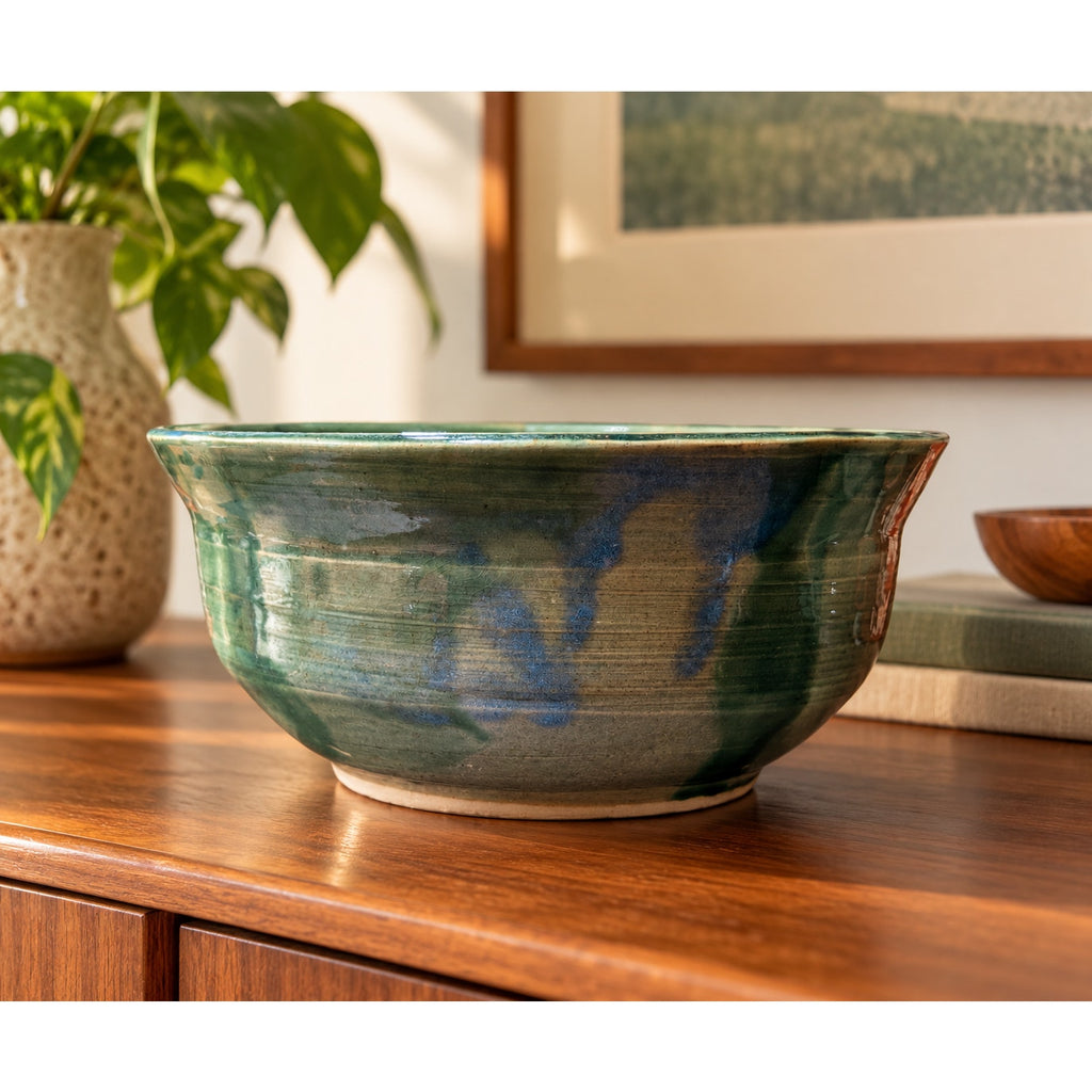 Vintage Studio Pottery Bowl Signed SM Green Blue Glaze Hand Thrown 8.25"