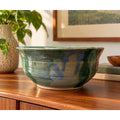 Vintage Studio Pottery Bowl Signed SM Green Blue Glaze Hand Thrown 8.25"