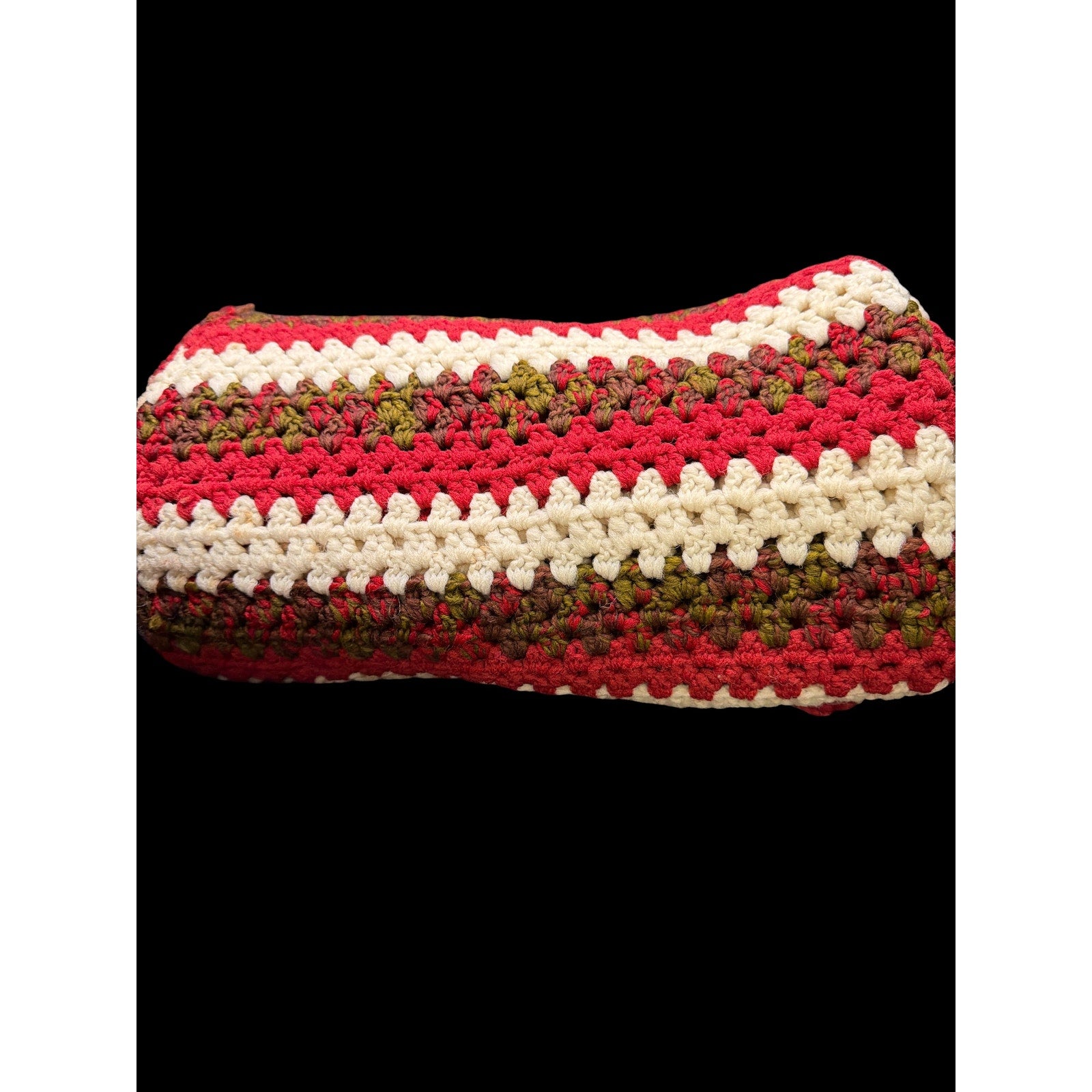 Vintage Handmade Crochet Afghan Throw Red Cream Green Farmhouse Blanket