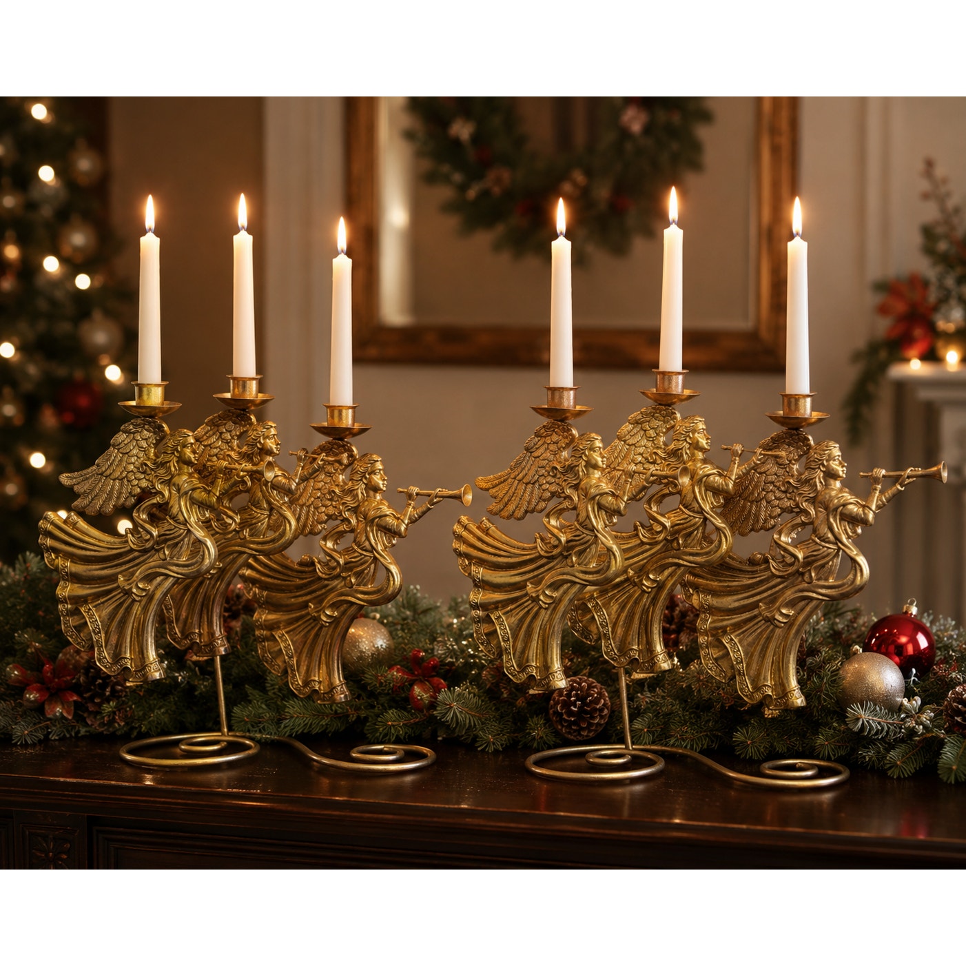 Gold Angel Candelabra Pair Metal Christmas Taper Candle Holders