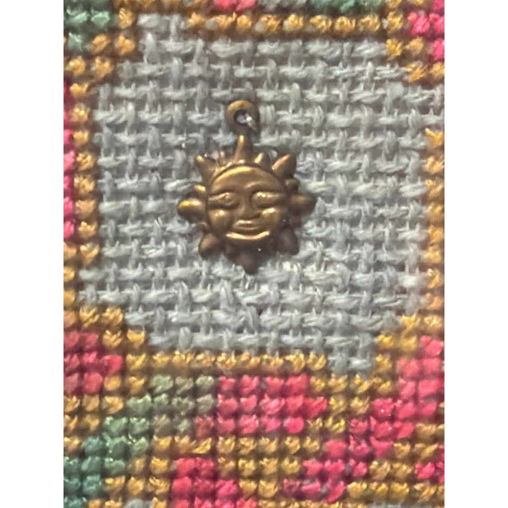 Handmade Framed Cross Stitch Art Geometric Knotwork Brass Sun Charm 7.25" – additional view 6