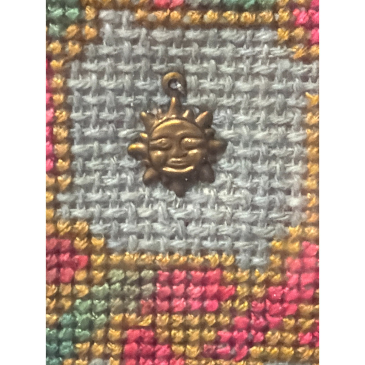 Handmade Framed Cross Stitch Art Geometric Knotwork Brass Sun Charm 7.25" – additional view 6