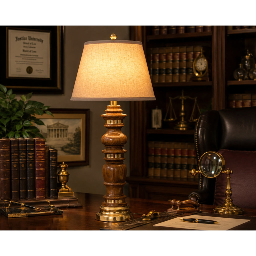 Vintage Solid Oak Table Lamp Brass Base Traditional Library Desk Lamp