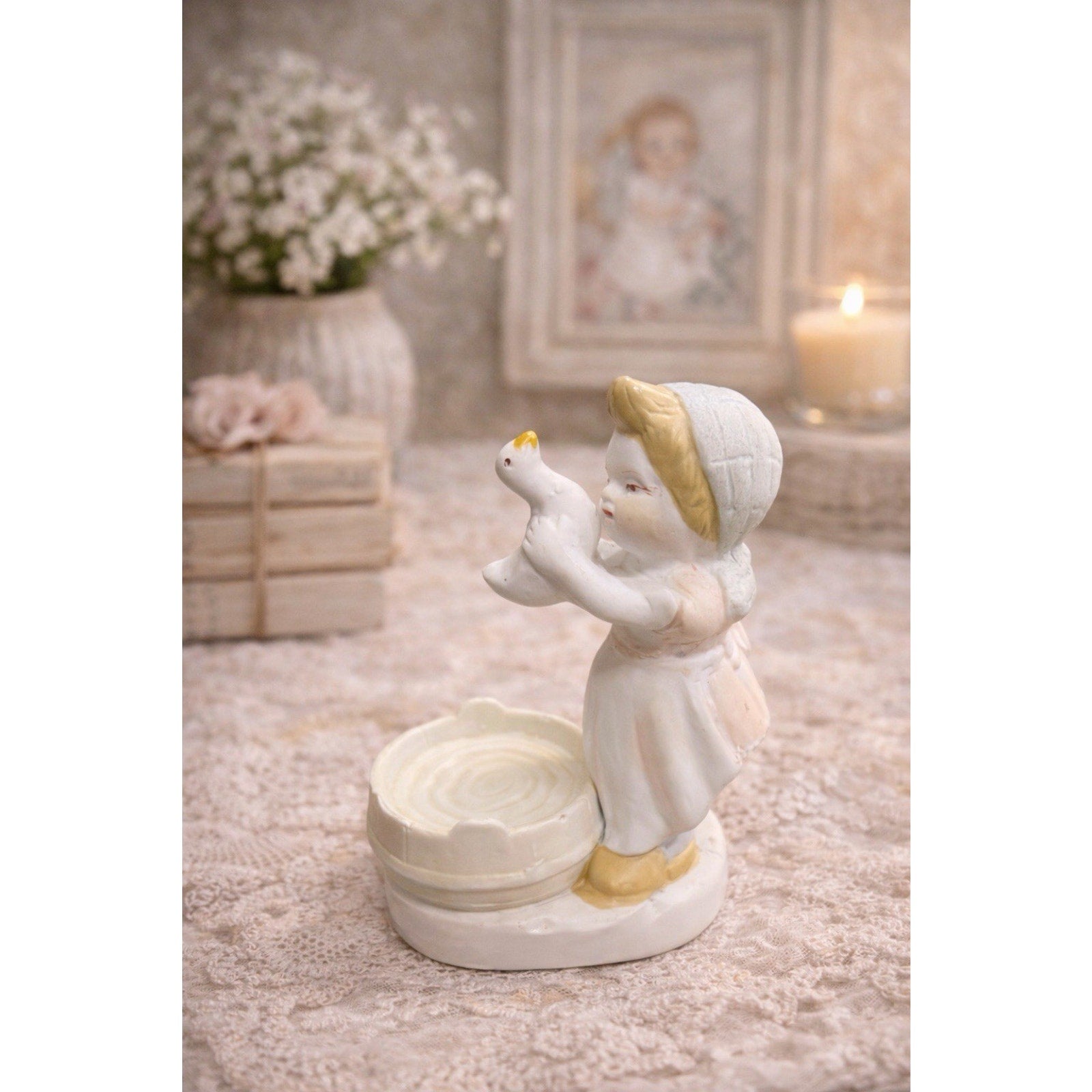 Vintage Bisque Girl with Bird Figurine Planter Japan Cottage Nursery Decor