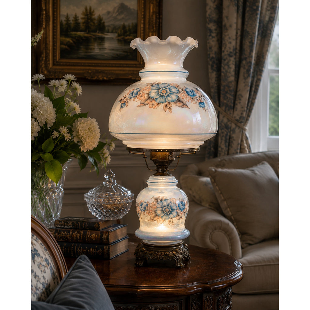 Vintage Blue Floral Hurricane Table Lamp Dual Light 27" Gone With the Wind Style