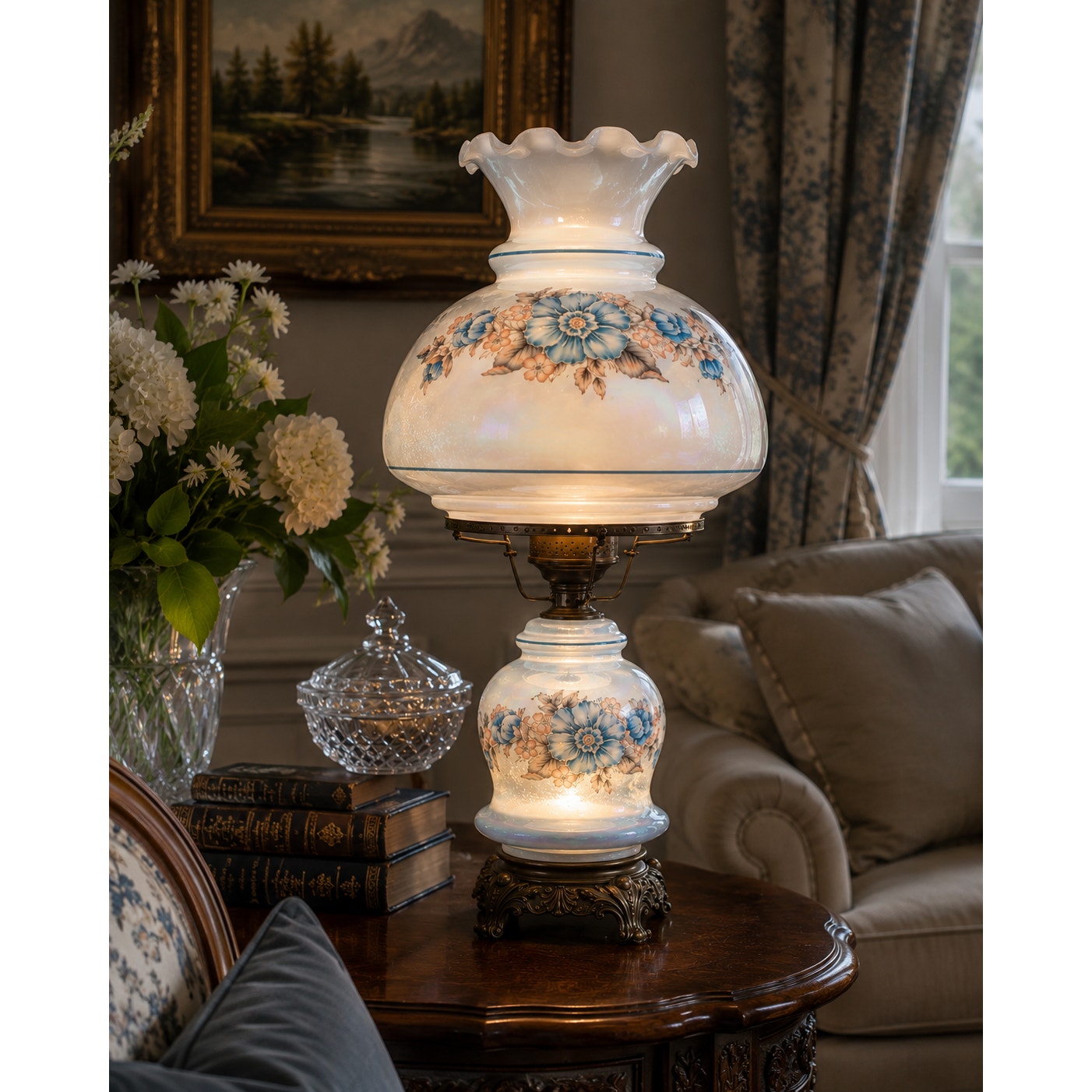 Vintage Blue Floral Hurricane Table Lamp Dual Light 27" Gone With the Wind Style