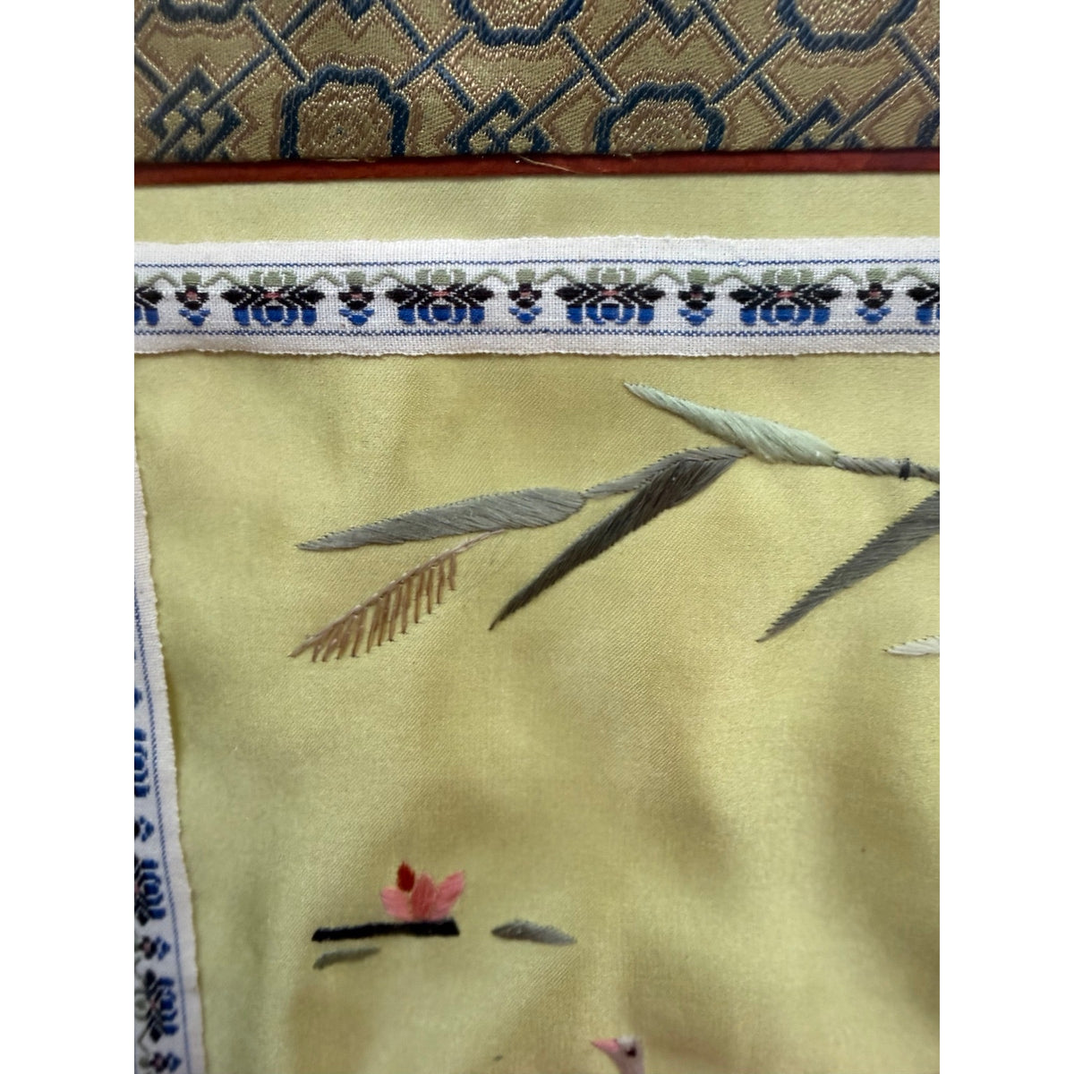 Vintage Chinese Hand Embroidered Silk Art Birds Brocade Framed 16 x 15