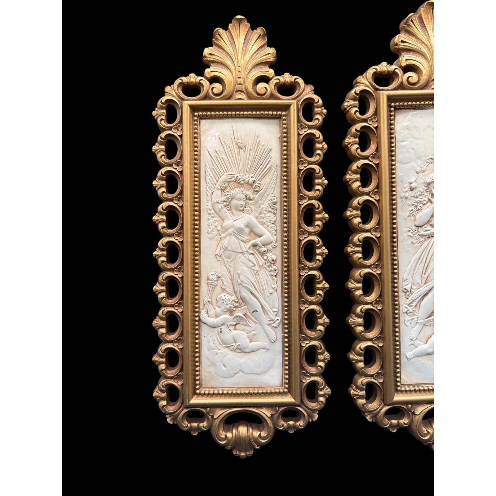 Vintage Homco Angel Cherub Wall Plaques Pair Gold Ivory Hollywood Regency Neoclassical Art