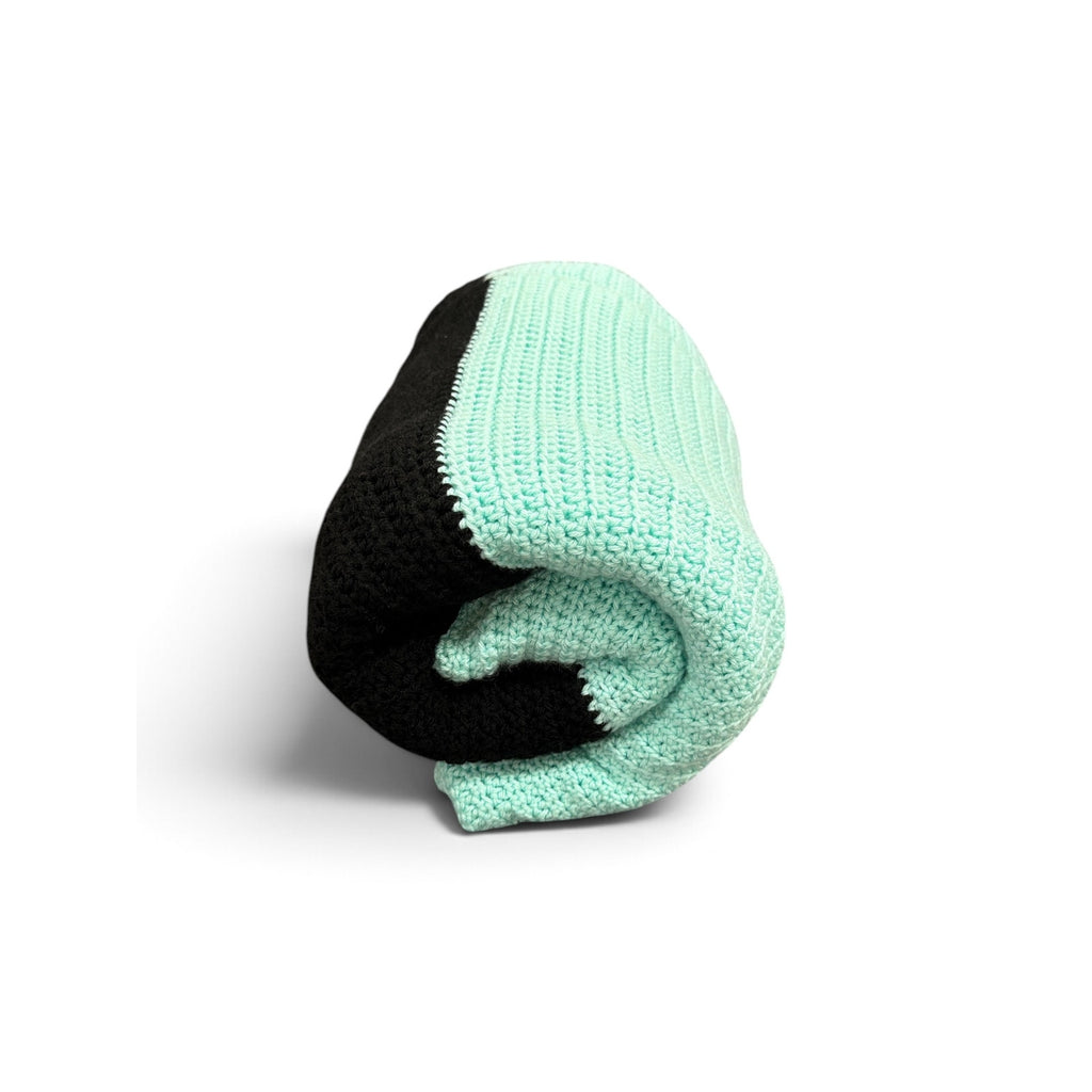 Handmade Crochet Afghan Blanket Aqua Black Striped Heavyweight Throw 52x68