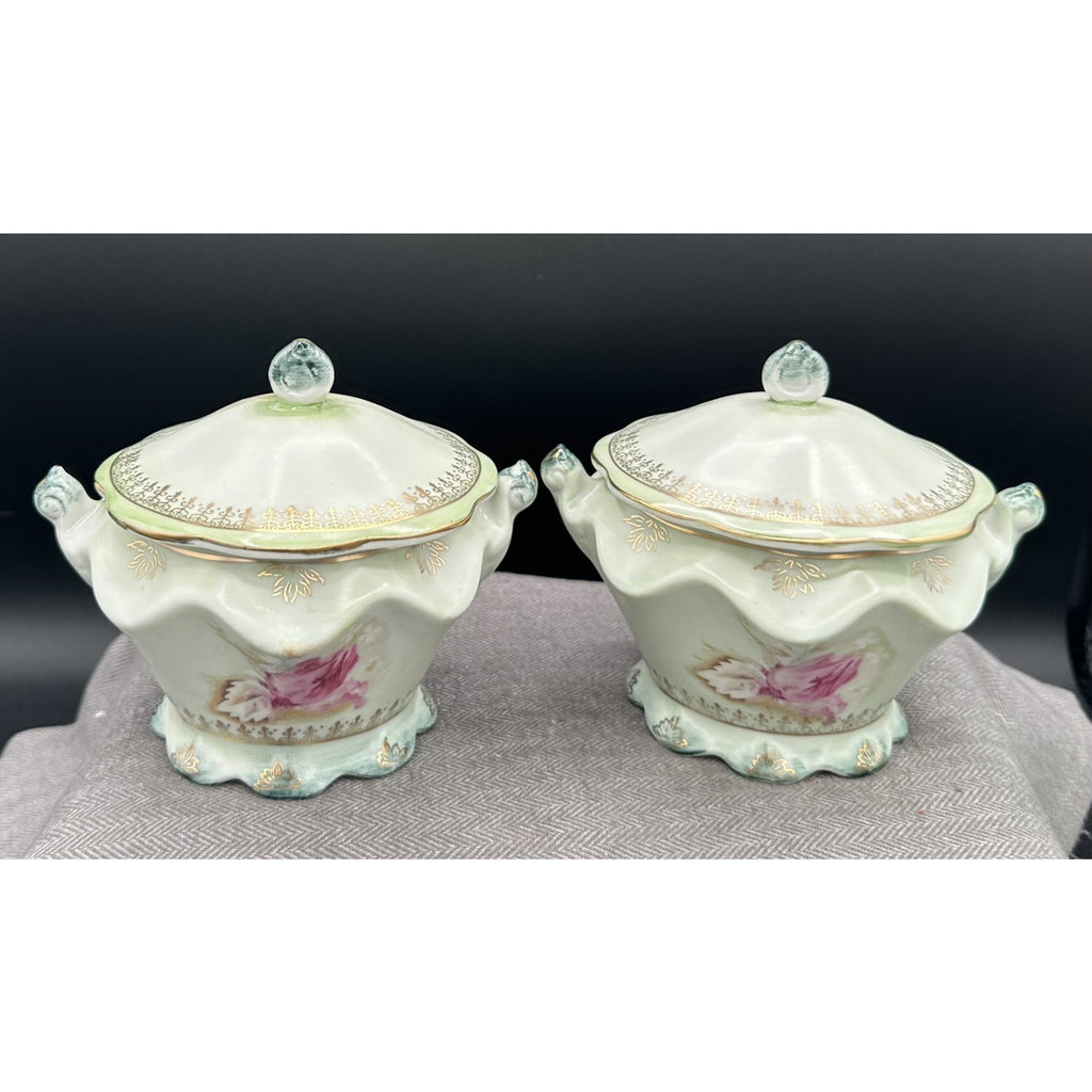 Antique Nippon Lidded Covered Bowls Pair Pink Roses Gold Trim Japan Porcelain